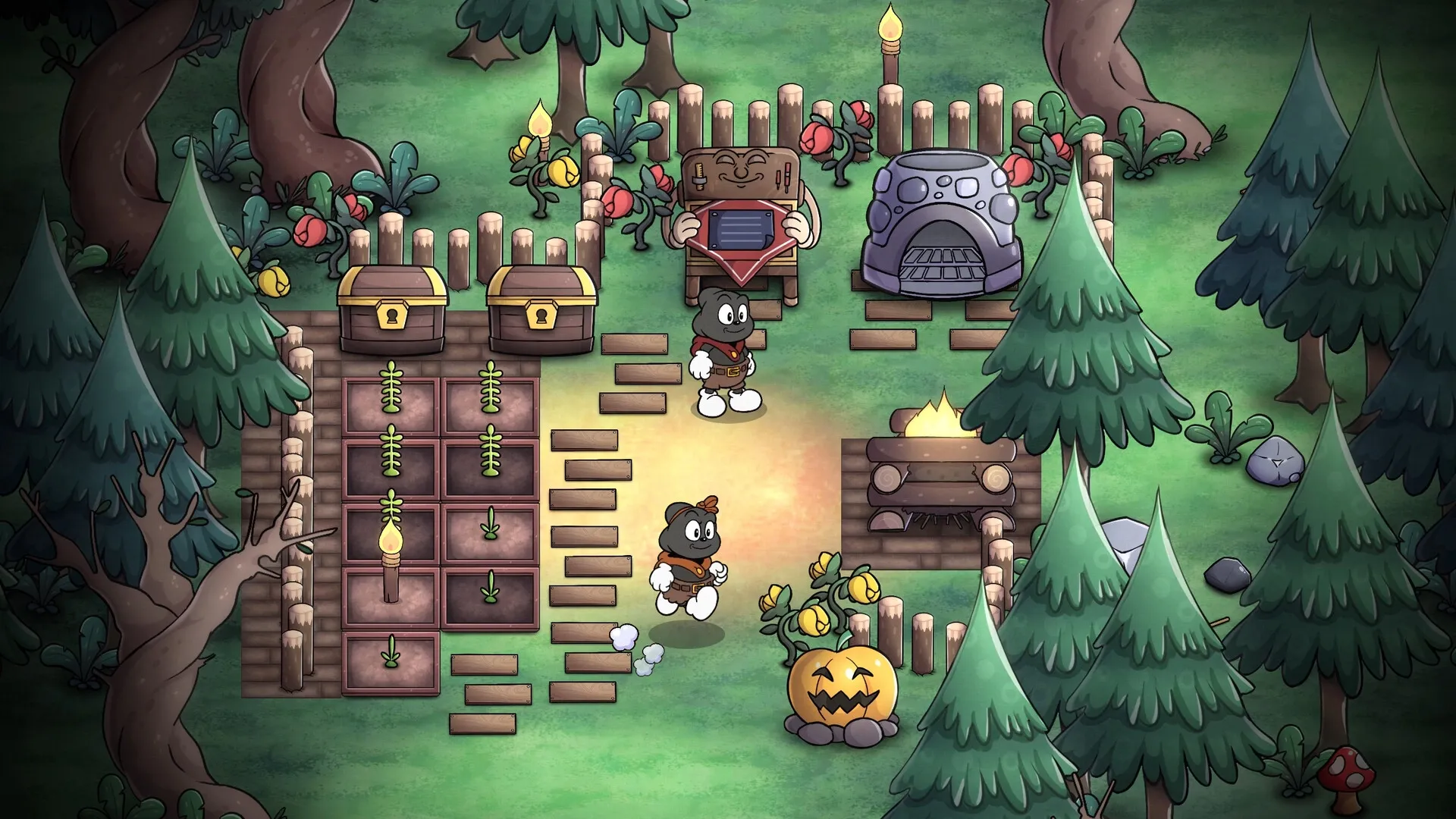 Gombo: Two enchanted creatures tending crops and exploring a cozy forest campsite with chests and fire.