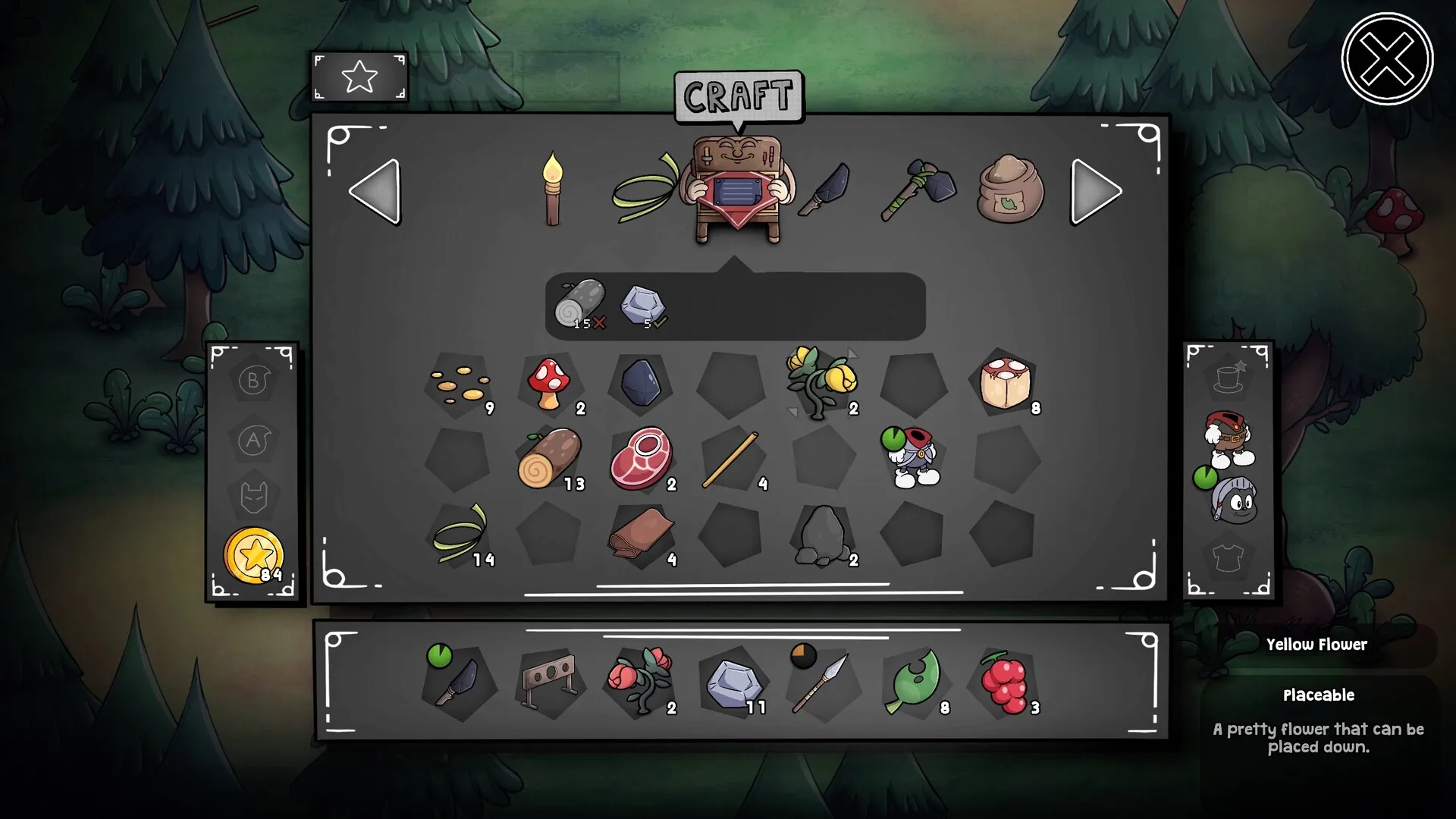 Gombo: Crafting interface with inventory items and crafting options in a forest setting