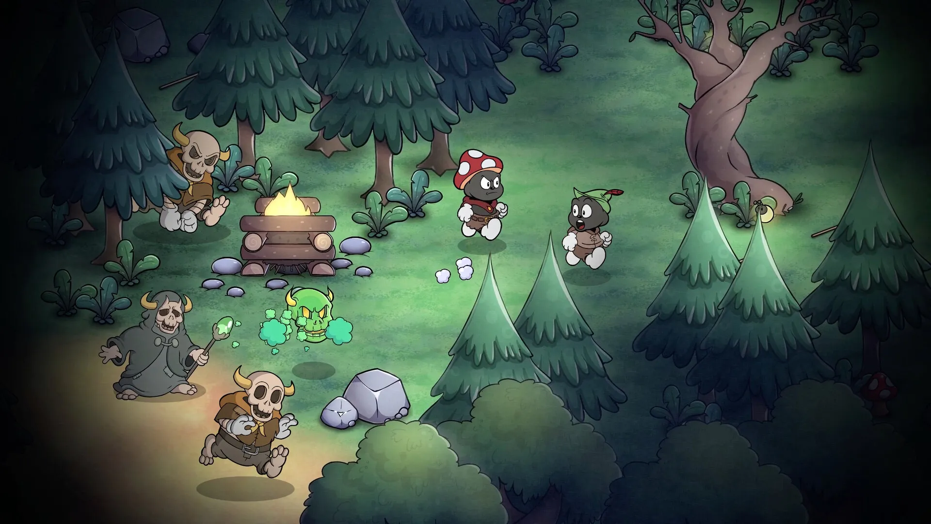 Gombo: Enemies gather by campfire in a dark forest setting, with Gombo and friend ready for action.