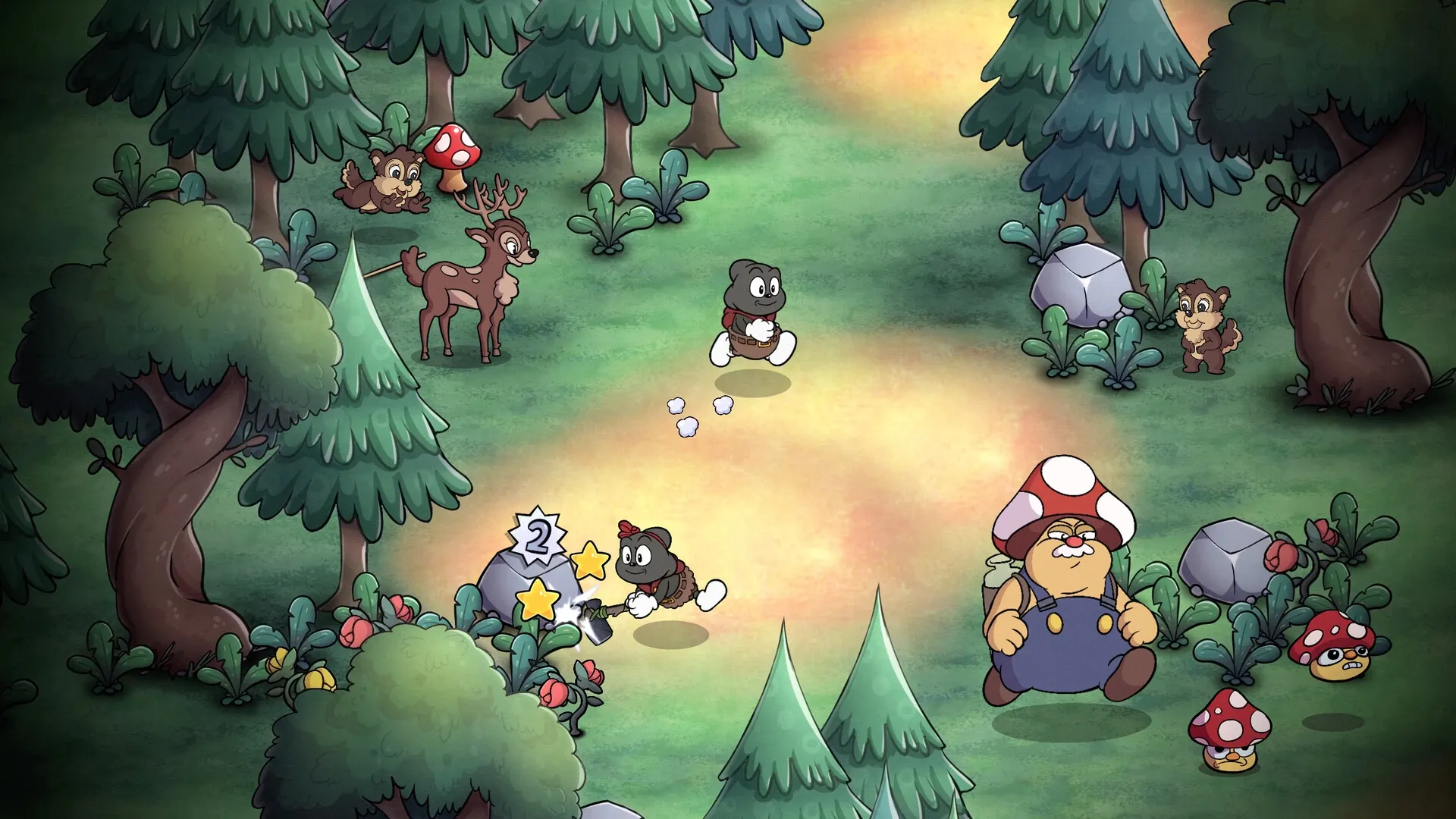 Gombo: Two Gombo characters explore forest, one mining a rock, surrounded by animals and giant mushrooms.