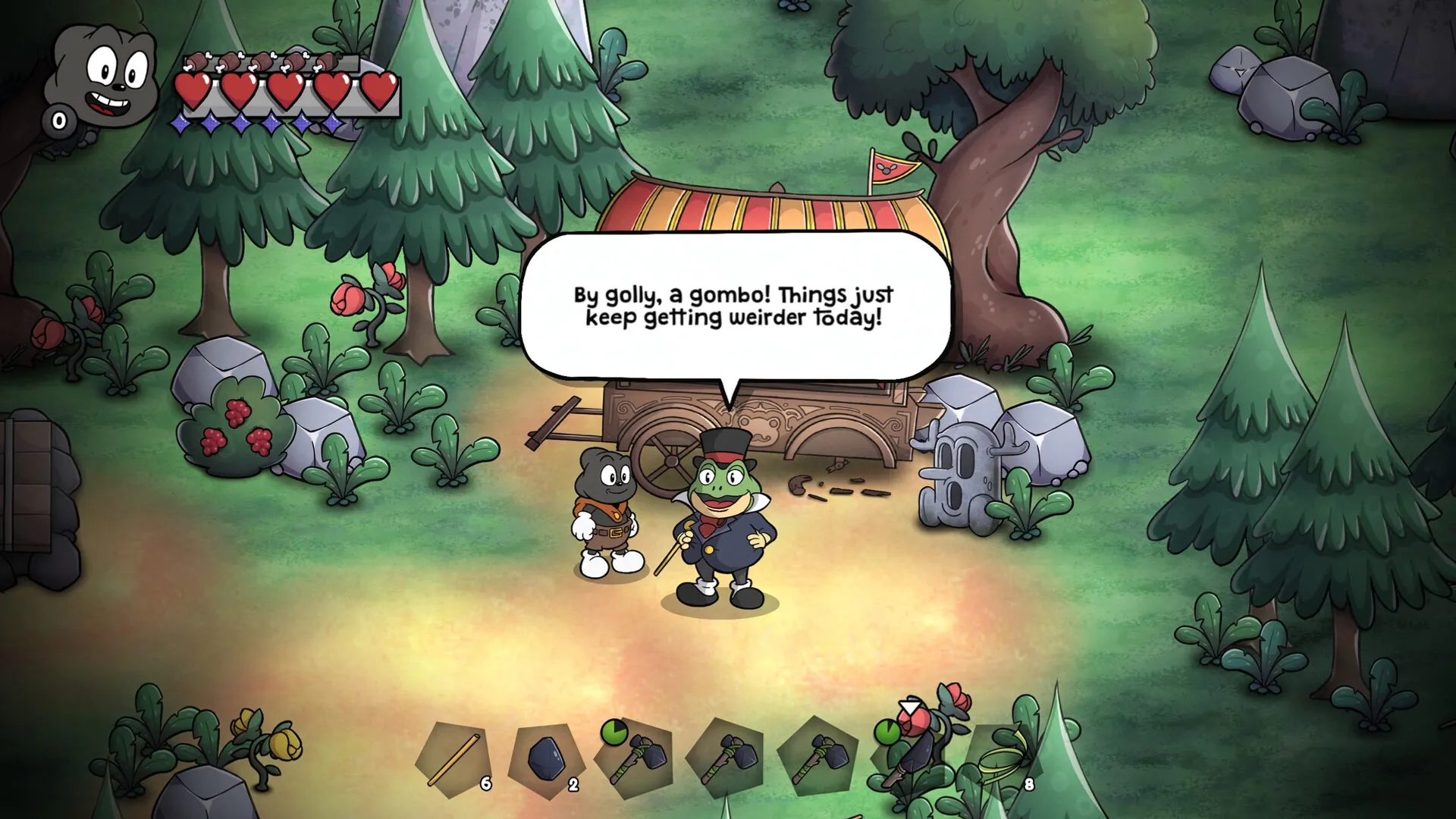 Gombo: Two characters converse in a forest by a cart, inventory items visible at the bottom of the screen.