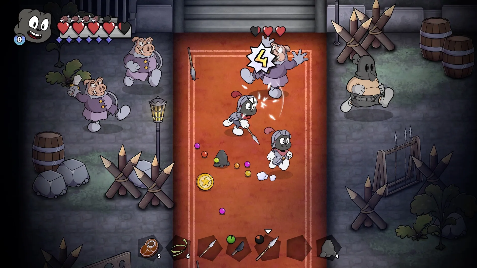 Gombo: Combat with pig enemies on a red carpet, inventory items visible at the bottom of the screen.
