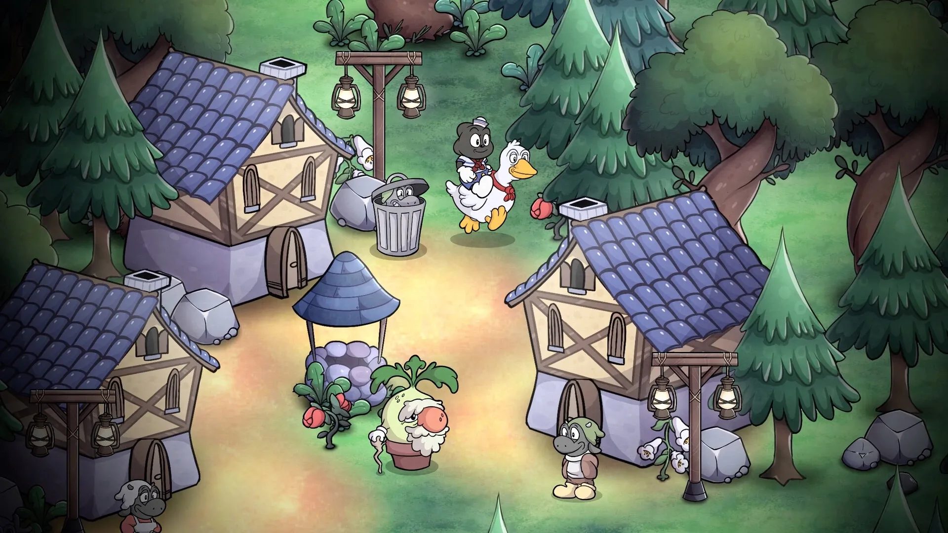 Gombo: Enchanted creature rides a duck through a whimsical village surrounded by trees and cottages.