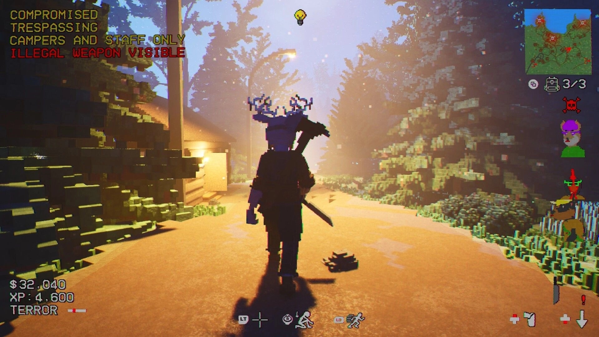 Gone Feral: Antler-masked killer walks with machete on camp road, alert text and minimap UI visible.