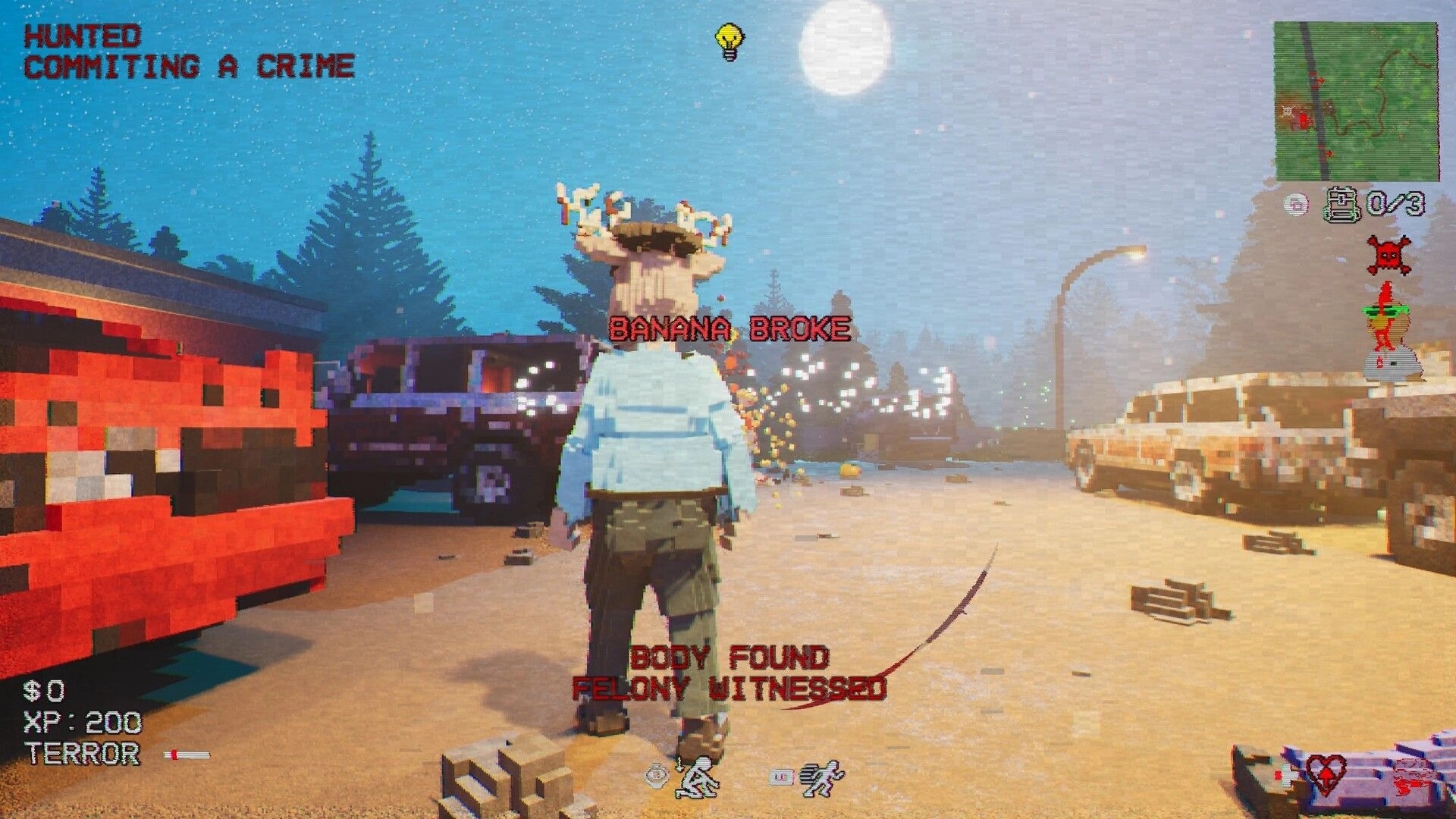 Gone Feral: Player stands by cars as alerts read BODY FOUND and HUNTED on a sunny street map HUD.
