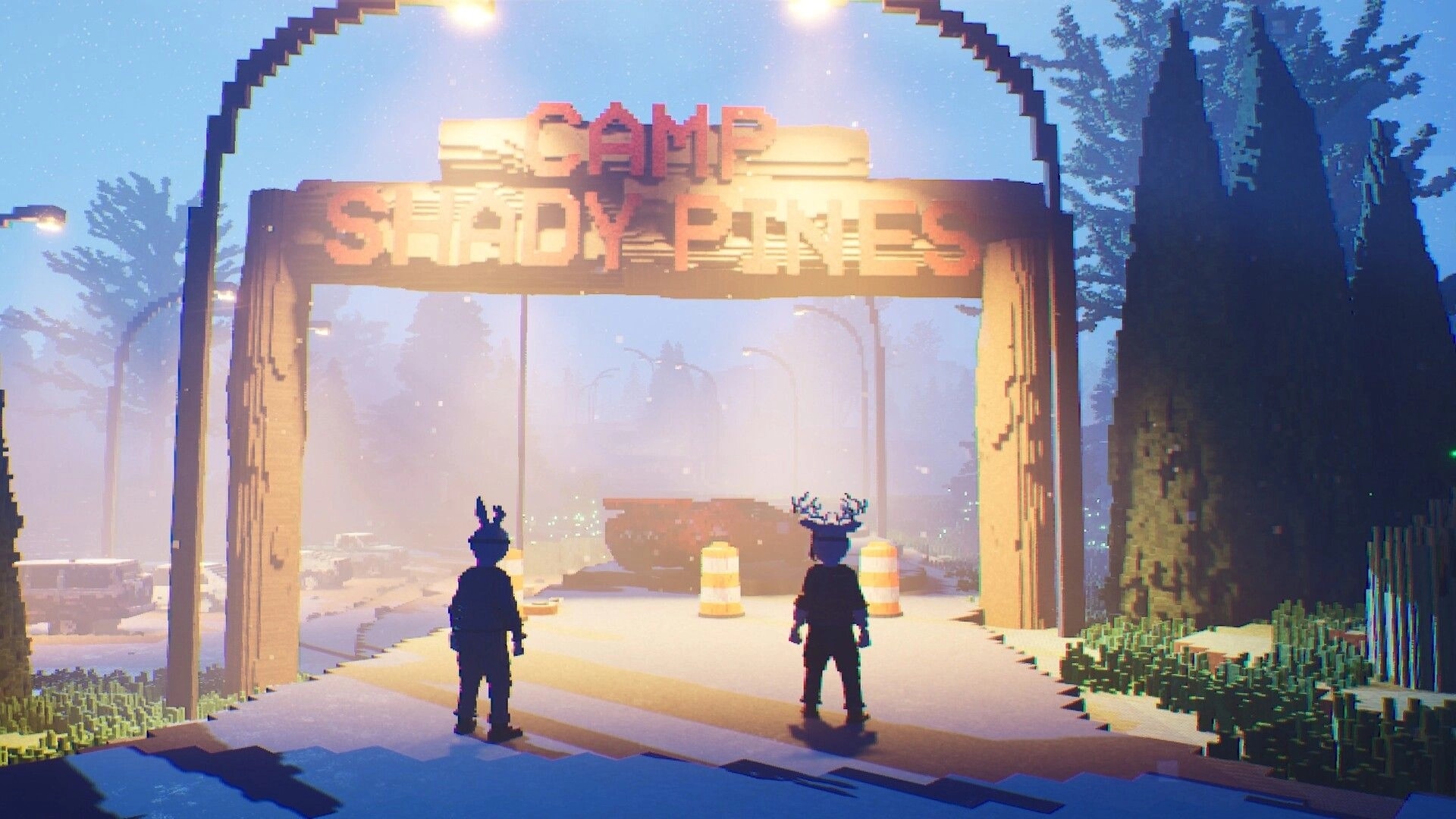 Gone Feral: Two masked players stand under Camp Shady Pines entrance arch in foggy woods at dusk.