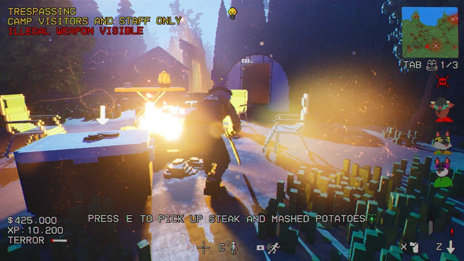 Gone Feral: Player crouches by campfire table as trespassing warning and pickup prompt glow at night camp.