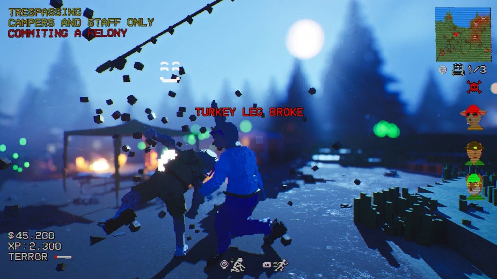 Gone Feral: Player brawls with camper as “TURKEY LEG BROKE” flashes at night camp with minimap UI.