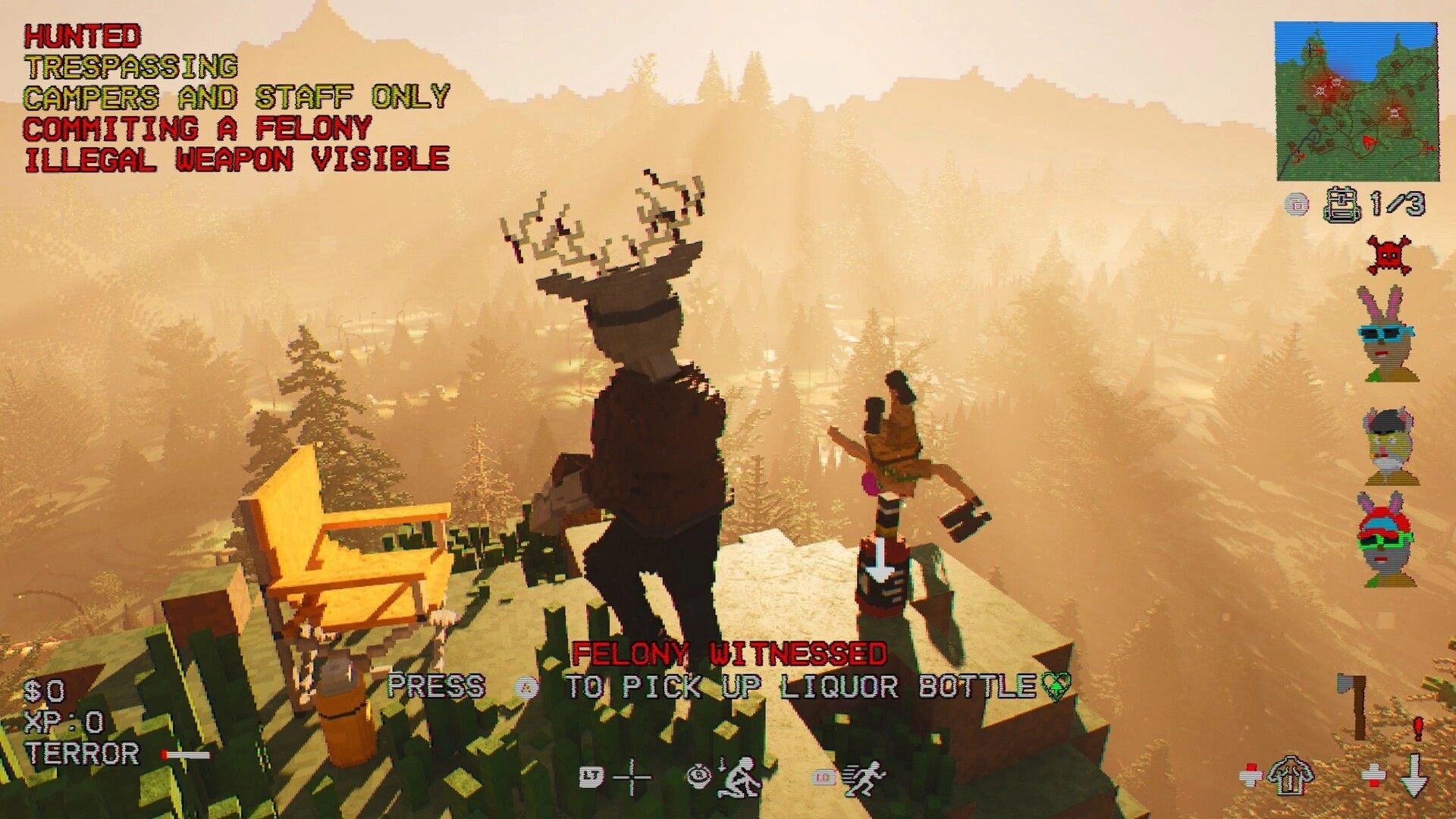 Gone Feral: Two masked killers on a cliff, felony alerts and minimap UI over misty forest valley.