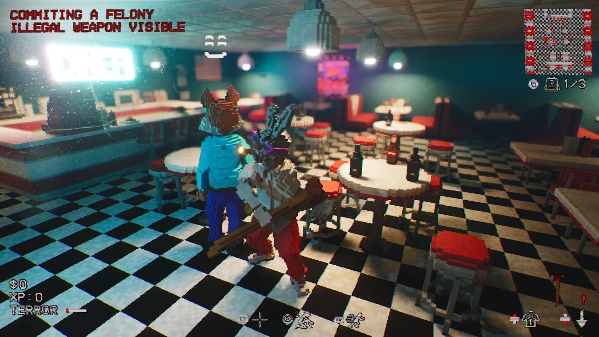 Gone Feral: Player holds a spiked club in a neon diner, felony warning text and minimap UI visible.