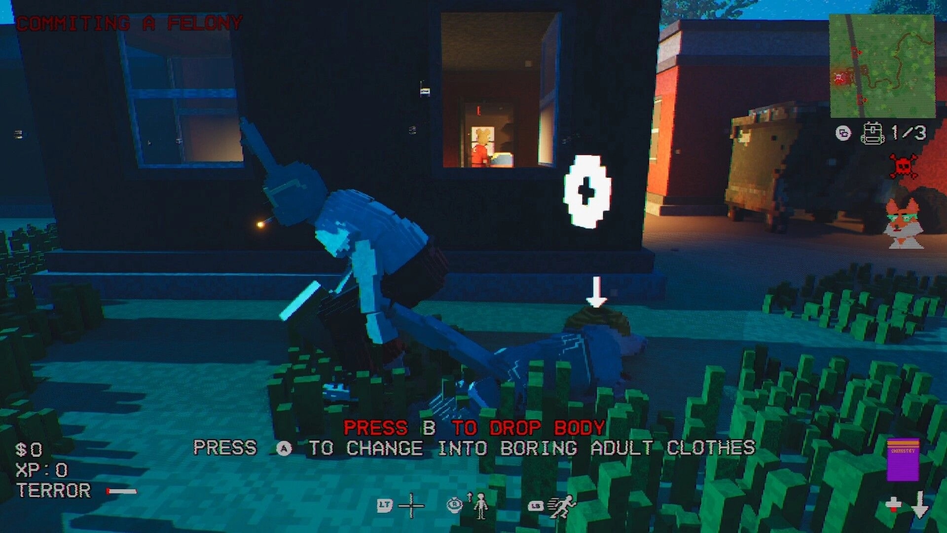 Gone Feral: Player drags a body outside a house at night, with minimap and drop body prompt HUD.