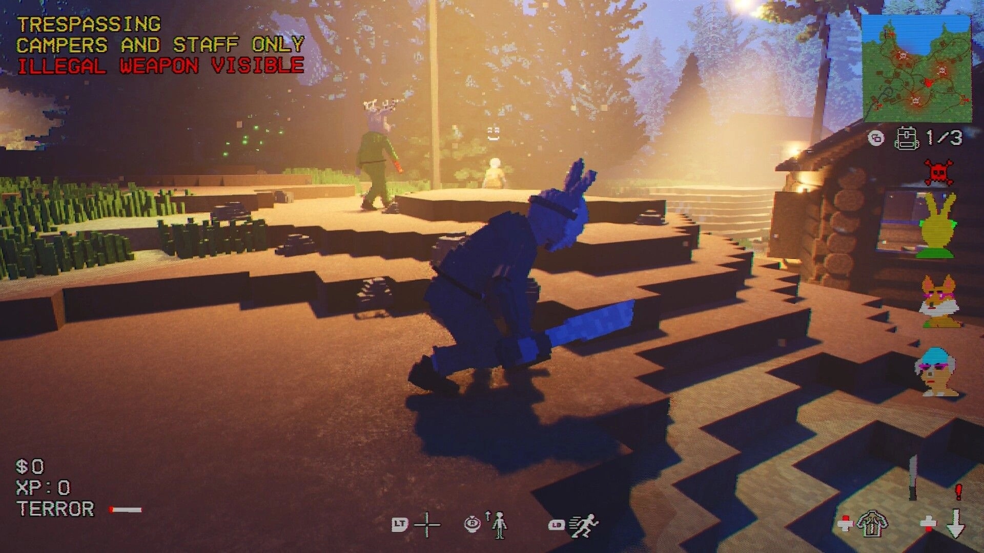 Gone Feral: Rabbit-masked killer crouches with machete by a lakeside cabin, minimap and alerts on HUD.