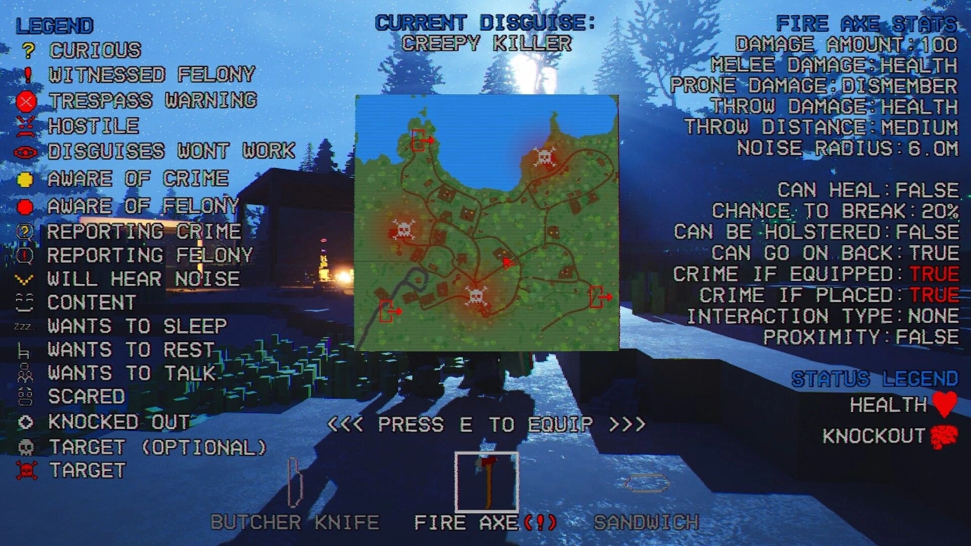 Gone Feral: Map and status legend UI with fire axe stats over a snowy forest campsite at night.