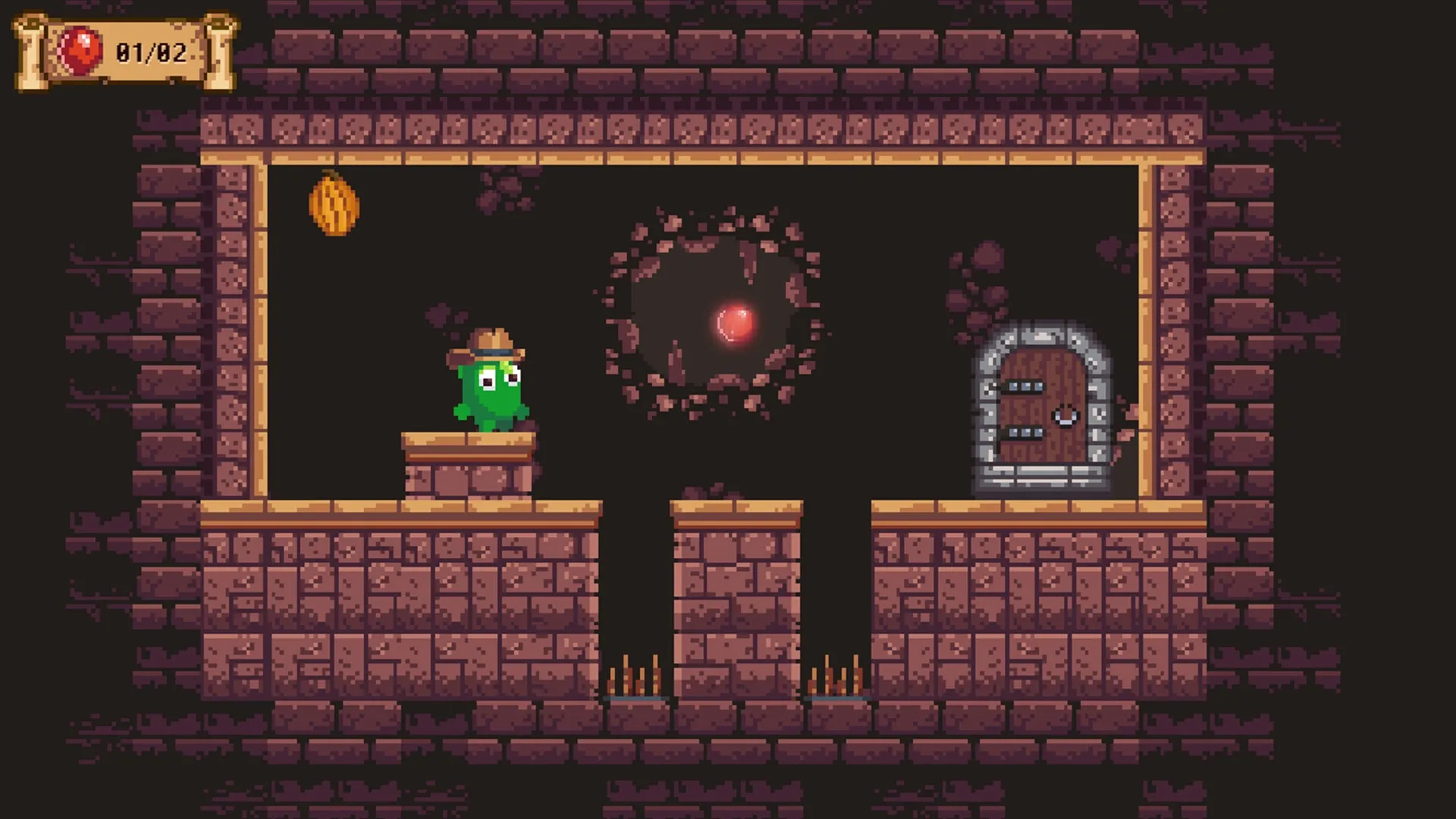 Goo Hunter: Slime treasure hunter jumps over spikes in a brick dungeon with glowing red orb nearby