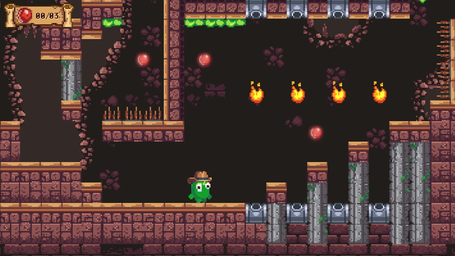Goo Hunter: Slime treasure hunter navigates dungeon with spikes, fireballs, and sticky platforms
