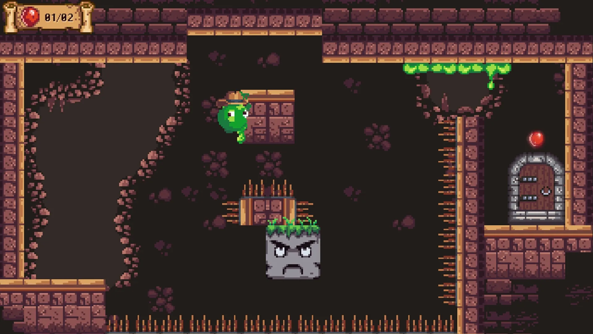 Goo Hunter: Slime character hangs from ledge above spikes in a dungeon with a door and health UI visible