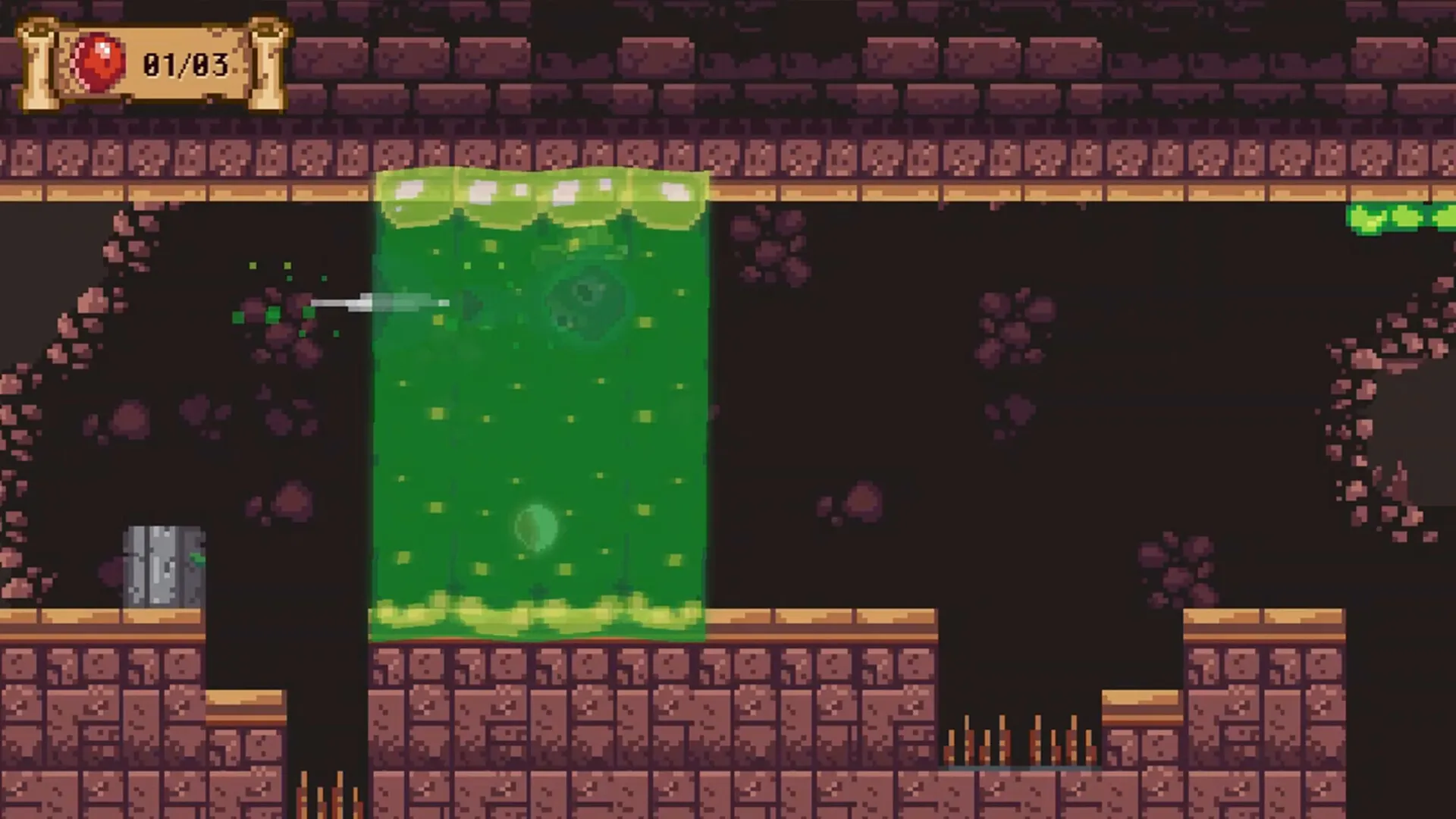 Goo Hunter: Slime jumps over spikes in a dungeon with a green goo waterfall and health bar visible