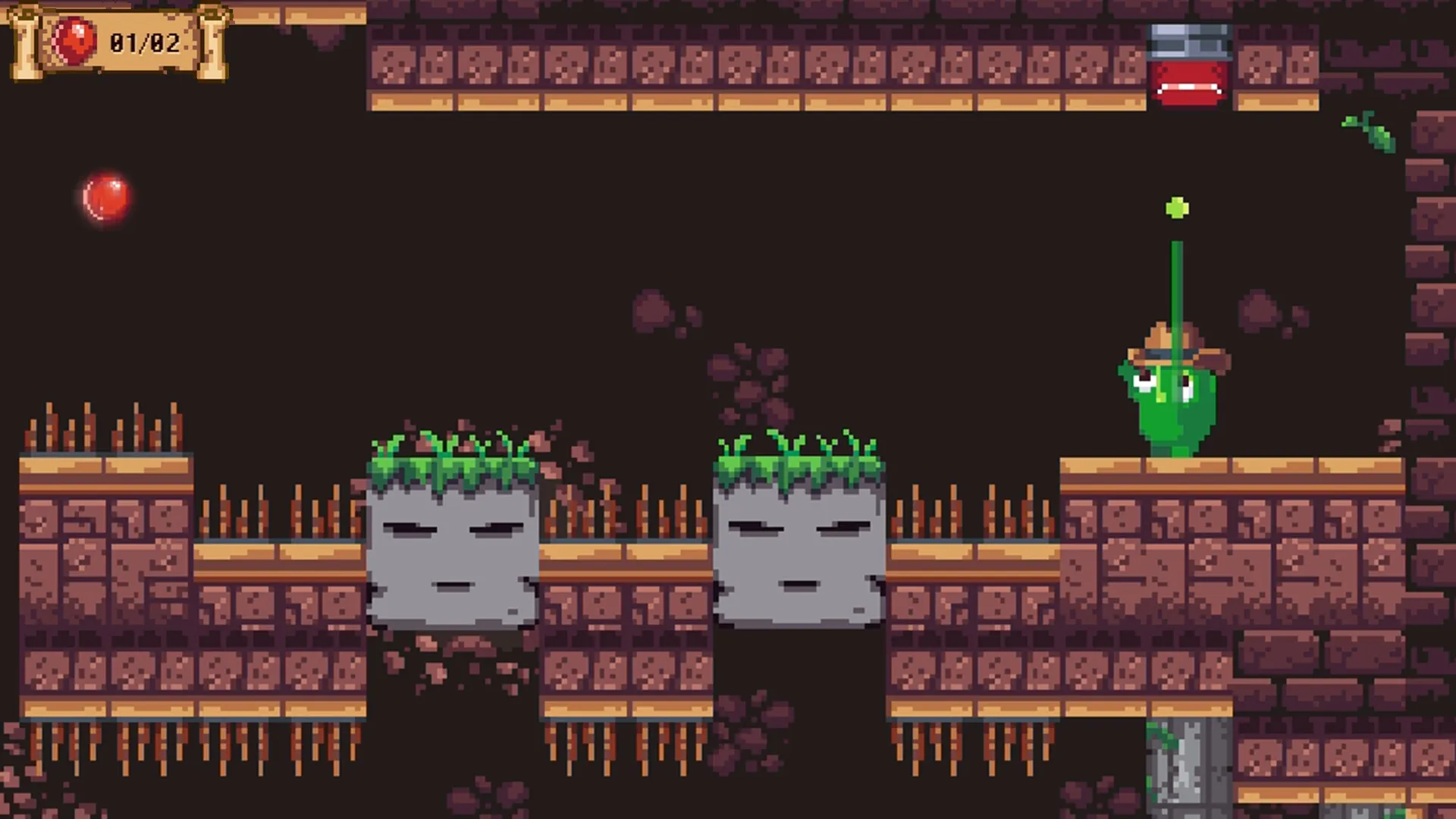 Goo Hunter: Slime character using sticky hand to swing over spikes in a dark cave environment