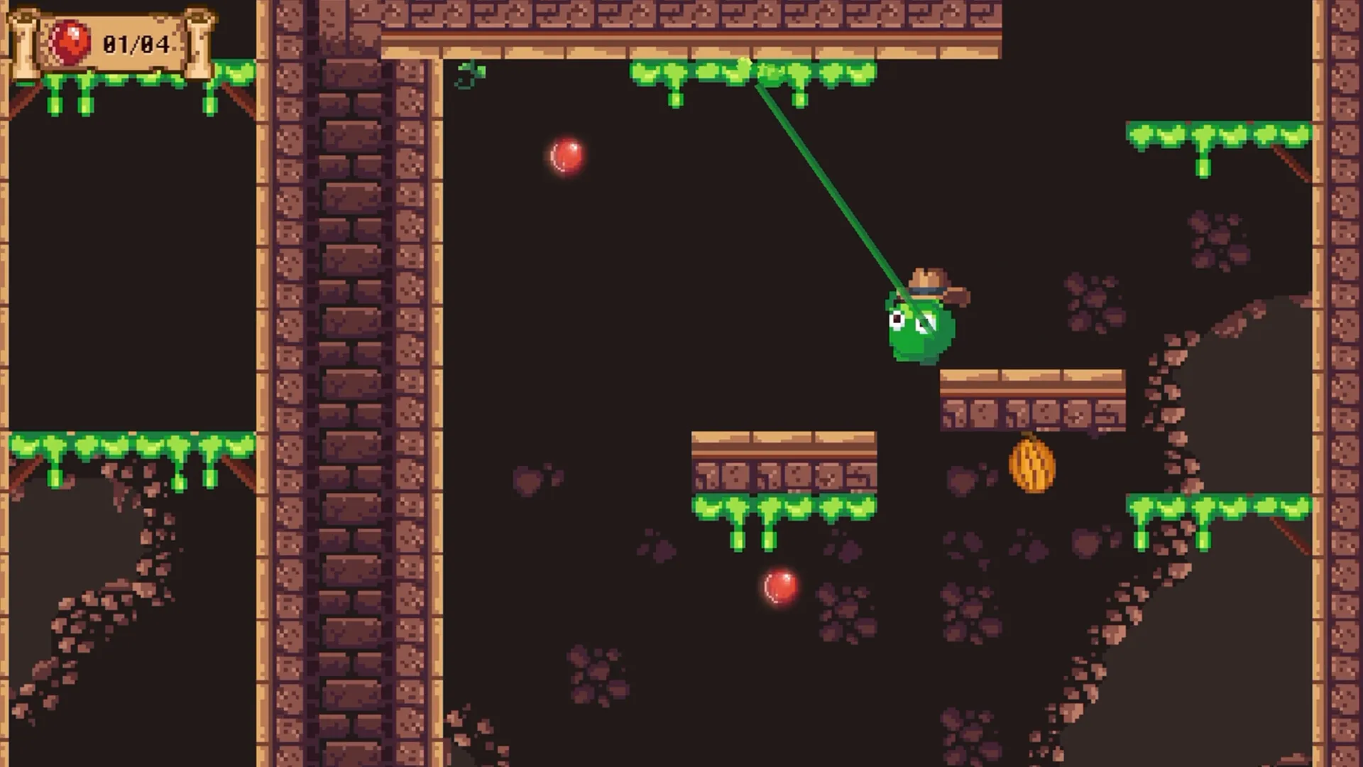 Goo Hunter: Slime treasure hunter swings with sticky hands in a cave, collecting orbs and avoiding traps