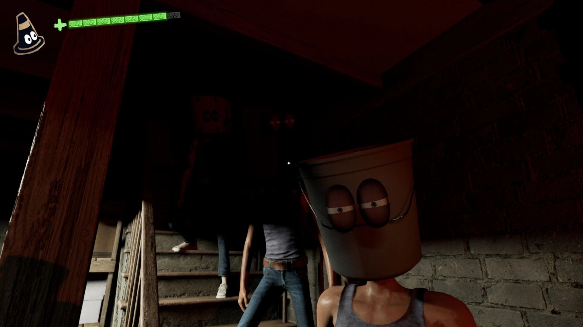 Good Boy: Characters wearing buckets descend dimly lit stairs in a creepy basement environment