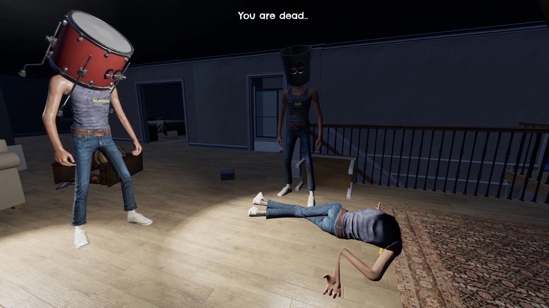 Good Boy: Two characters with drum and bucket heads stand over a fallen player in a dimly lit room