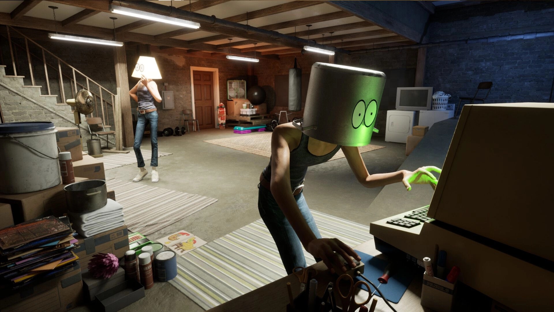 Good Boy: Characters with lampshade heads explore basement, one interacts with an old computer terminal.