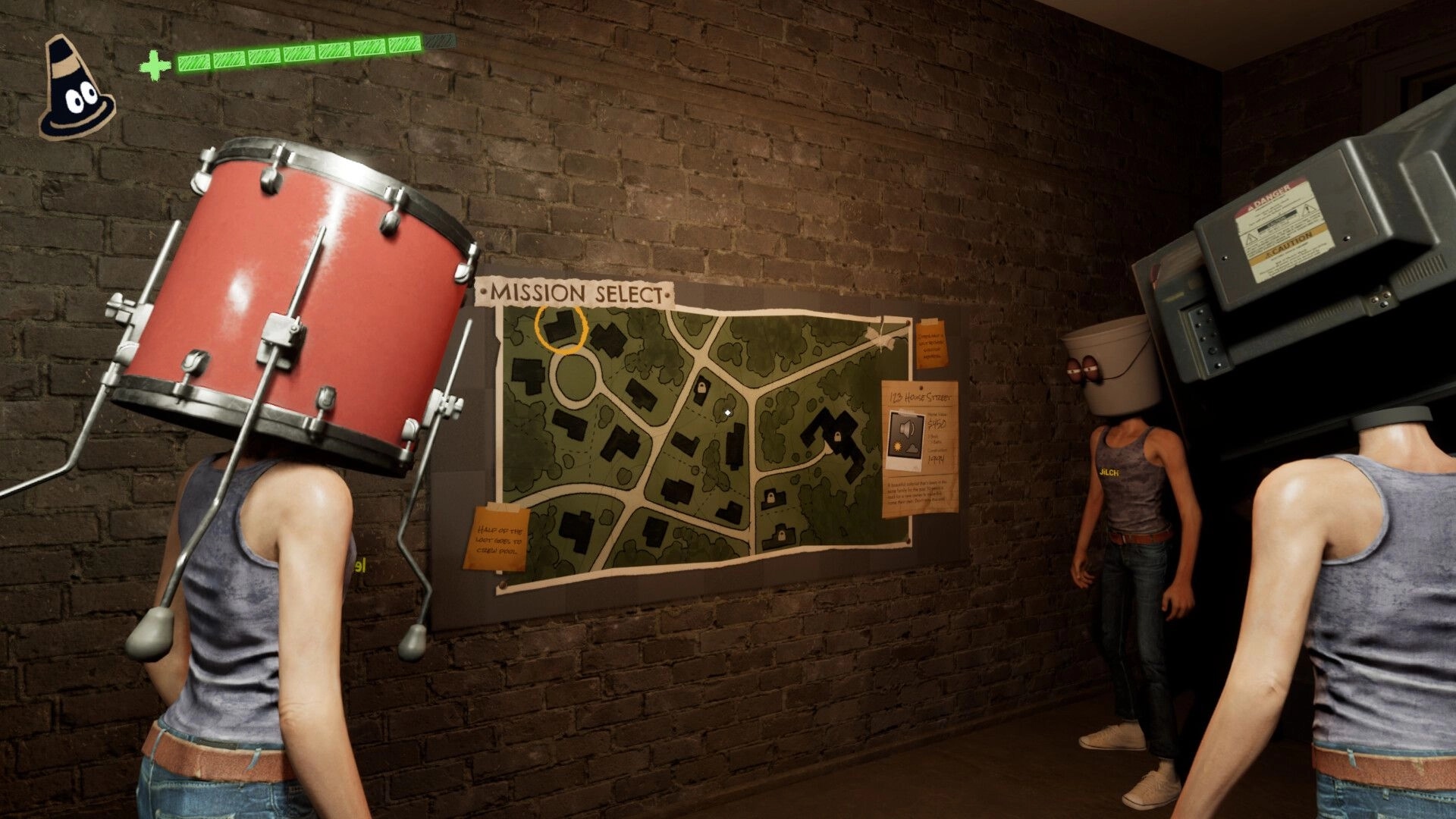 Good Boy: Characters with unique helmets gather around mission select map in dimly lit room