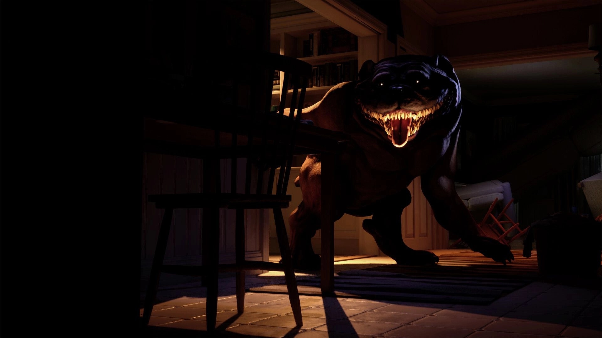 Good Boy: Monster with glowing teeth lurks in dark kitchen, casting shadows on floor and furniture