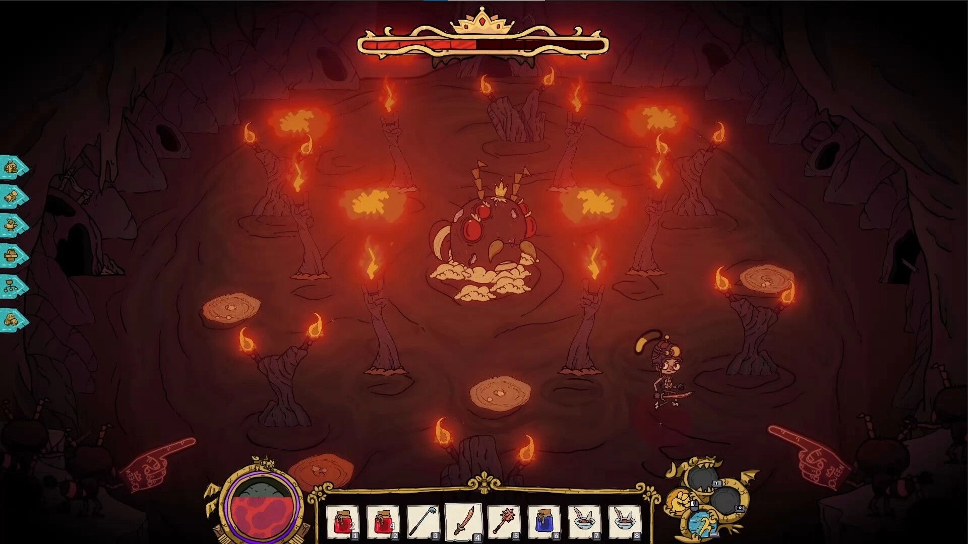 Good Heavens!: Player battling a fiery monster in a torch-lit cavern with weapons and health bar visible.