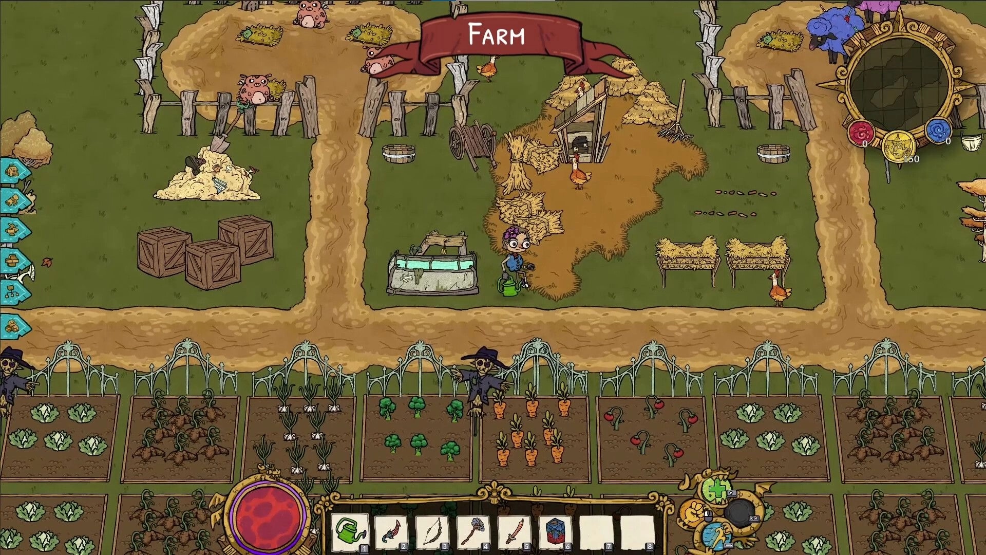 Good Heavens!: Player waters plants in a colorful farm with animals and crafting tools visible.