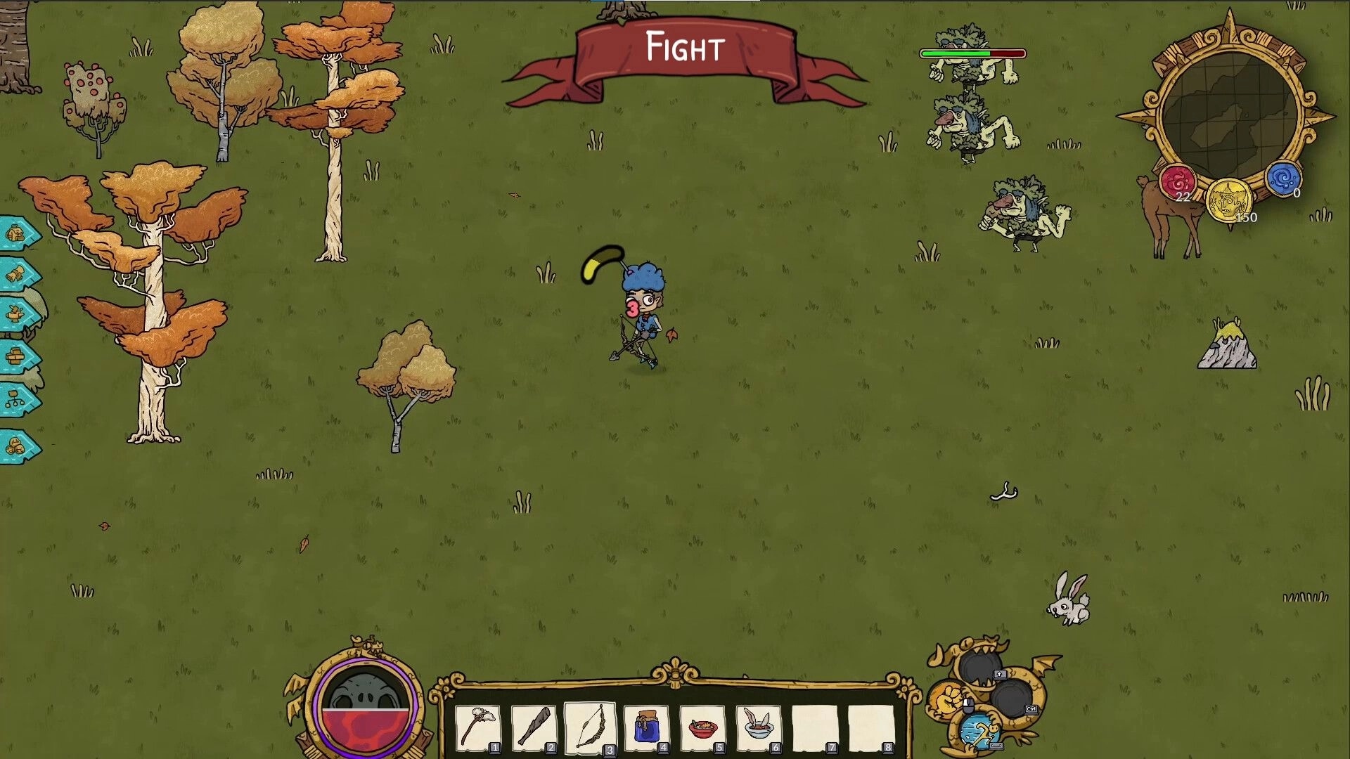 Good Heavens!: Player character facing incoming enemies in a forest, with inventory and map UI visible.