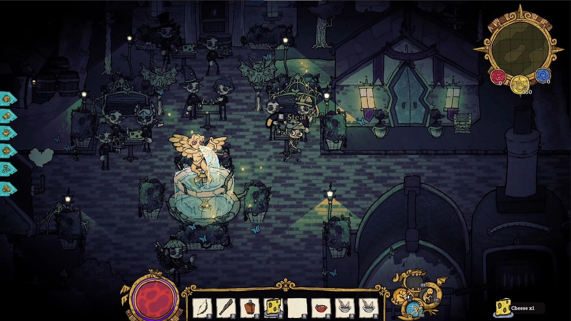 Good Heavens!: Nighttime town square with player near a fountain, surrounded by quirky characters and shops.