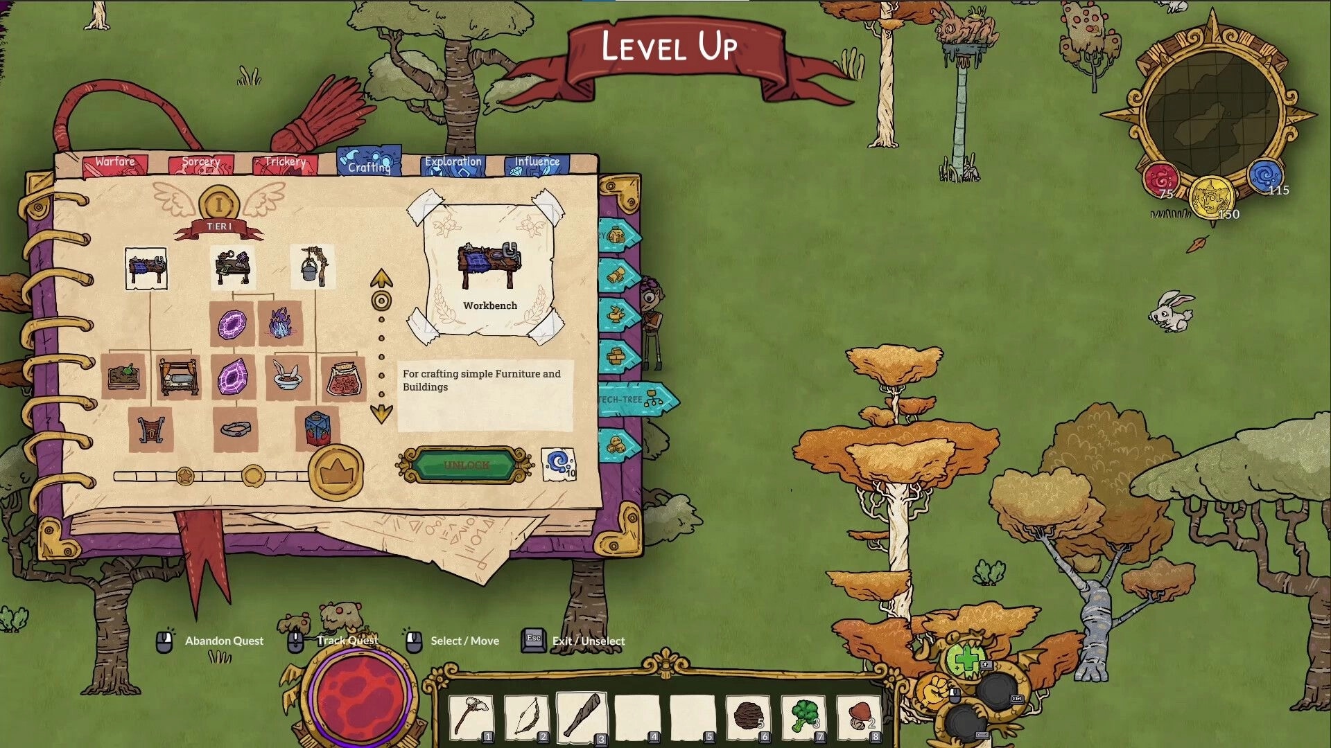 Good Heavens!: Crafting menu displaying a workbench recipe in a colorful forest environment.