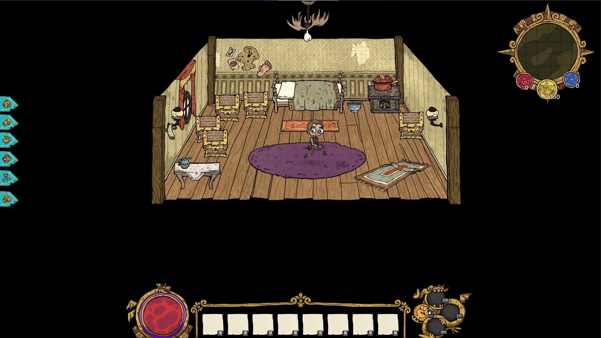 Good Heavens!: Character stands on a purple rug in a cozy wooden room with crafting tools and furniture.