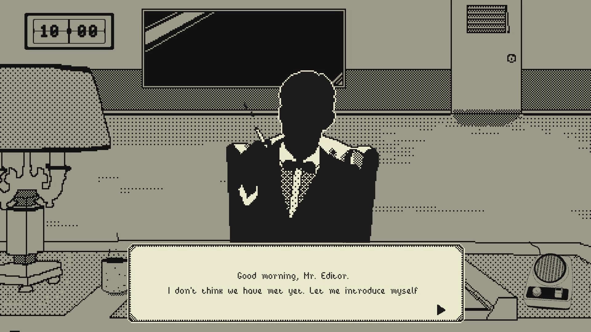 Good News: Shadowy figure introduces themselves in dimly lit office with dialogue options visible
