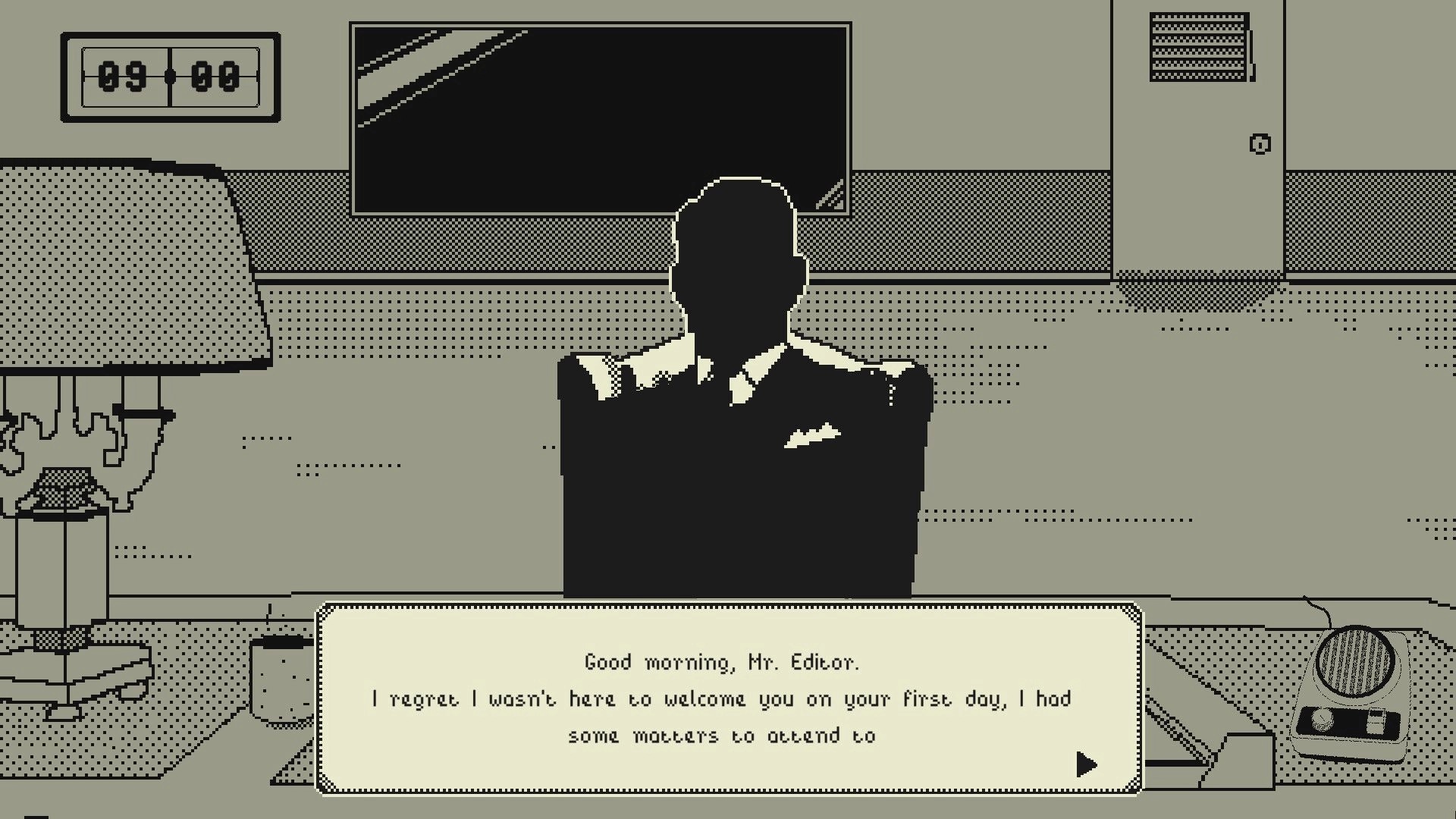 Good News: Silhouetted figure in office setting discussing matters with text dialogue box visible