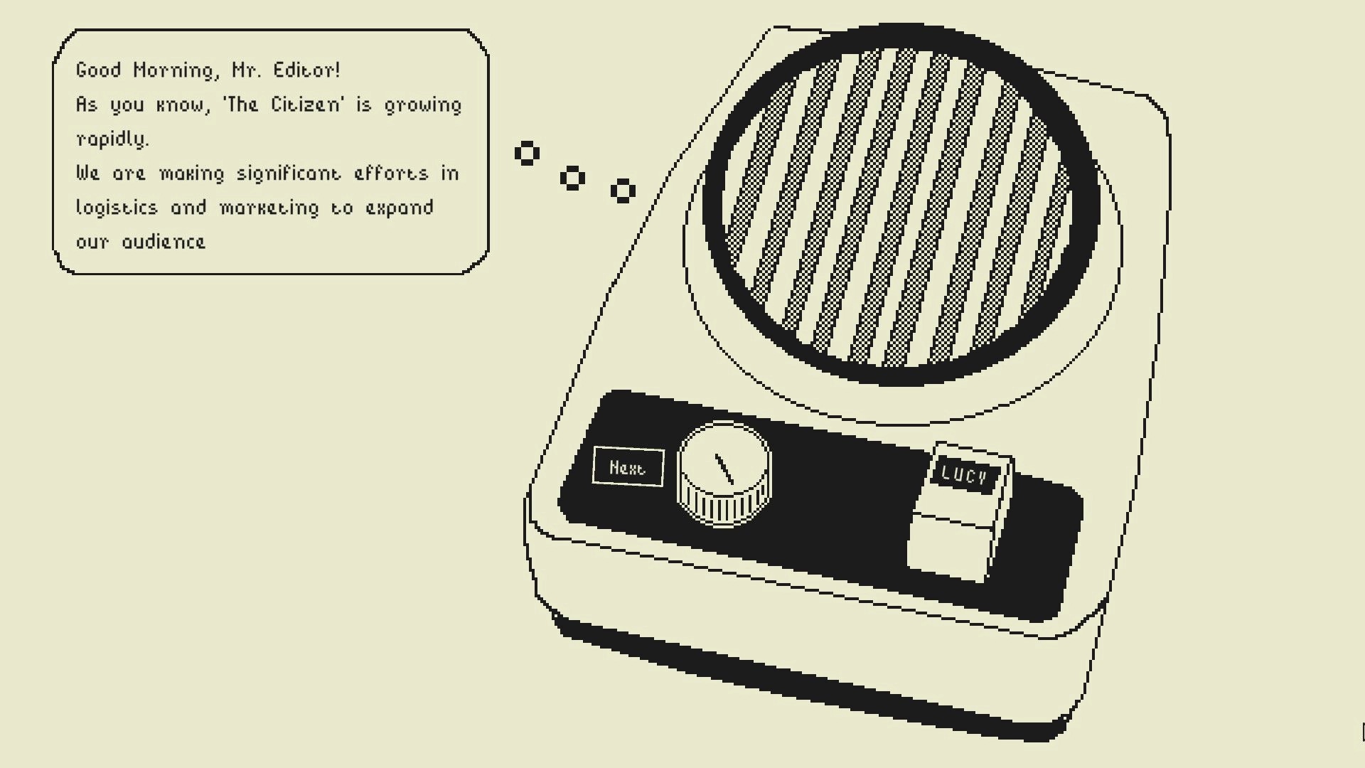Good News: Dialogue from Lucy on a vintage intercom emphasizes growth in newspaper logistics and marketing.