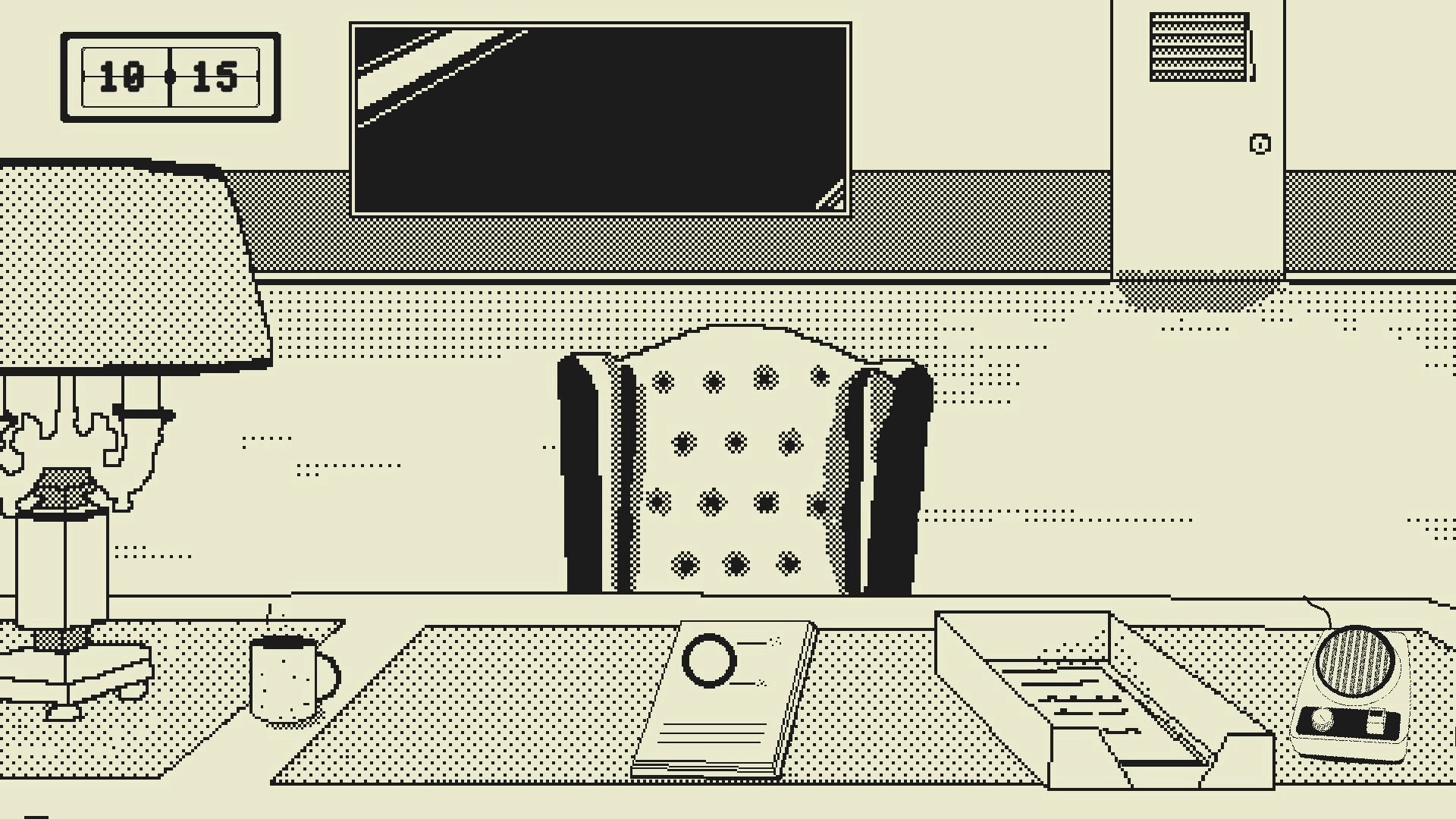 Good News: Office desk with a lamp, document, clock, and intercom in a vintage-styled editor's room