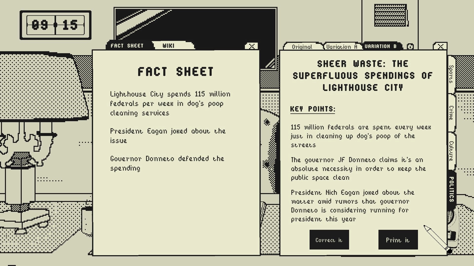 Good News: Review fact sheet and article drafts about city spending in a vintage-style newsroom interface.