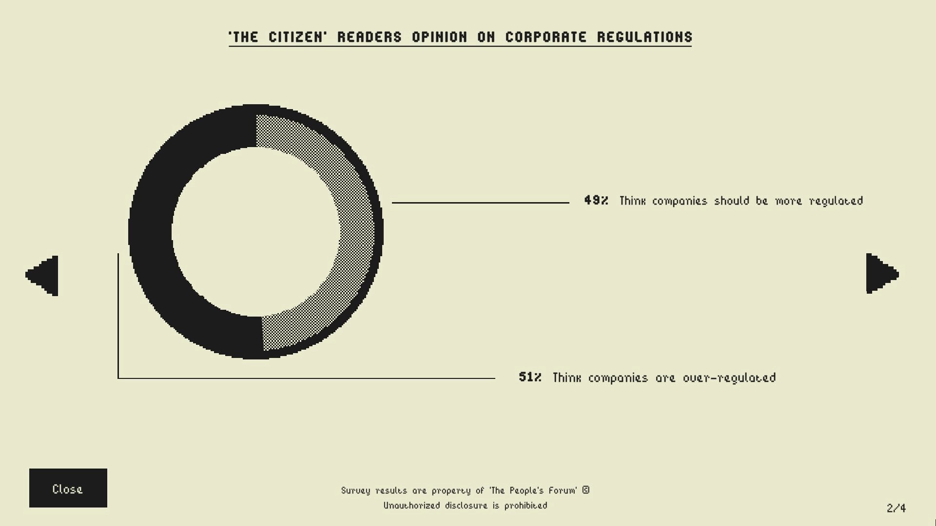 Good News: Pie chart depicting reader opinions on corporate regulations in newspaper interface