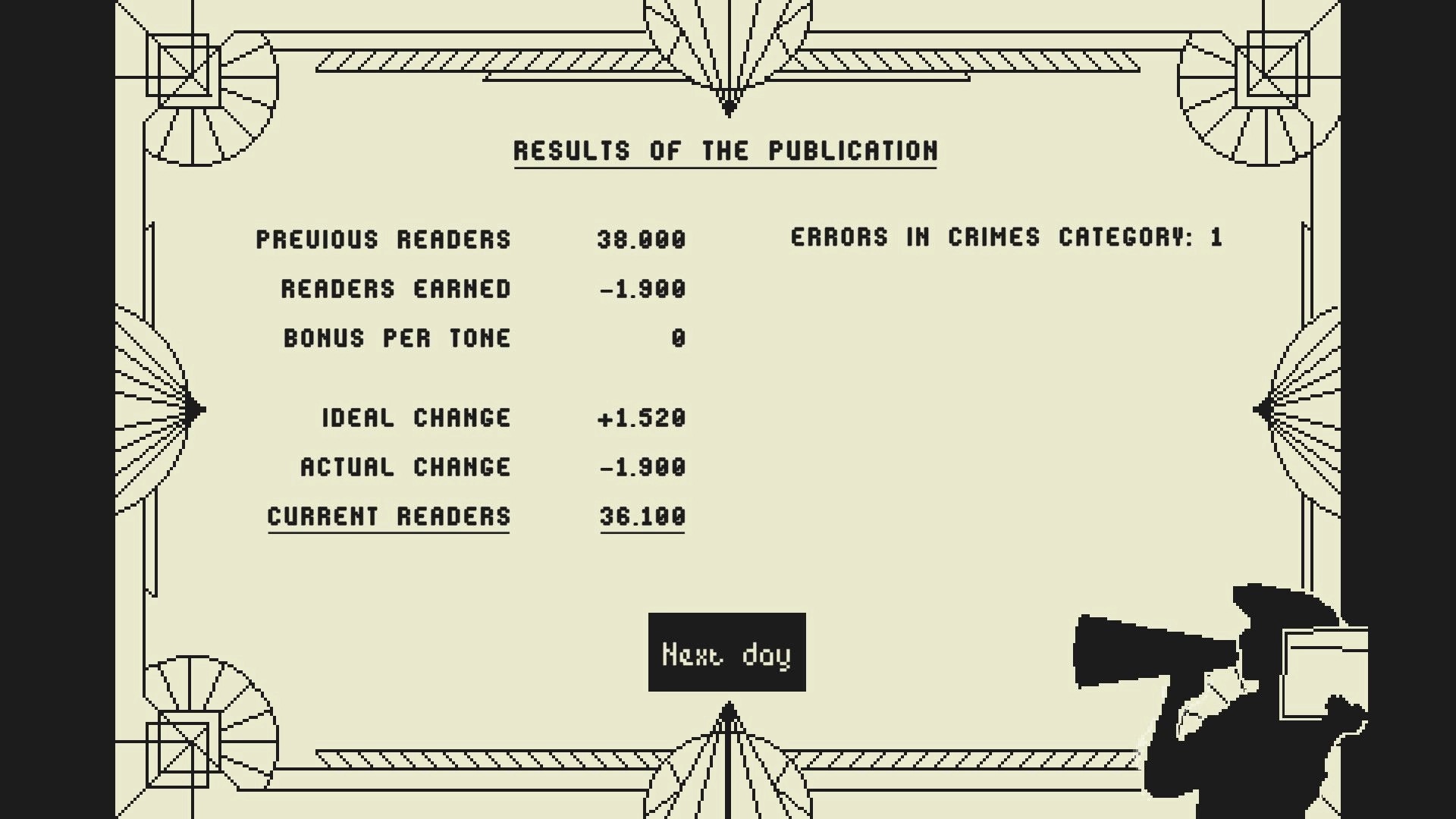 Good News: Publication results screen showing readership changes and errors, silhouetted editor with megaphone