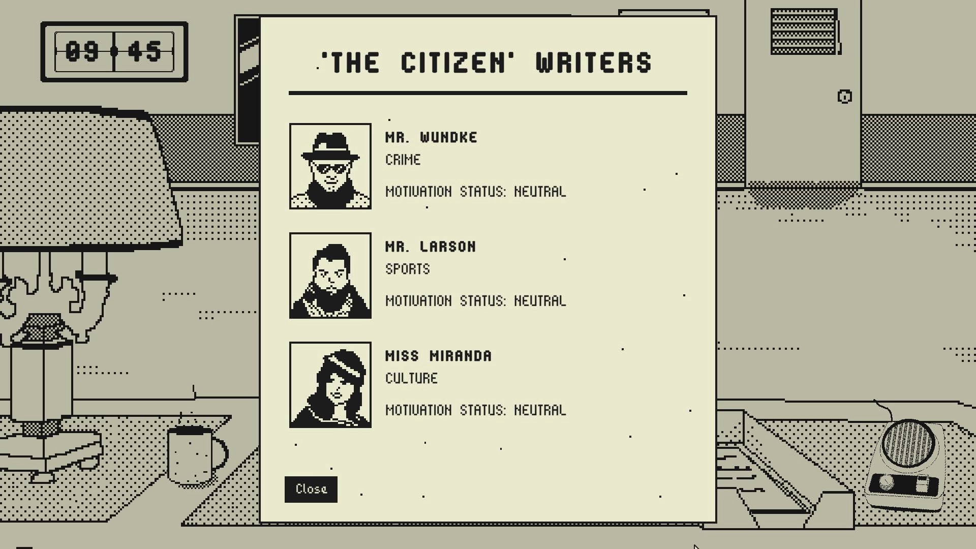 Good News: Writer profiles displayed with motivation status in editor's office at 9:45 AM
