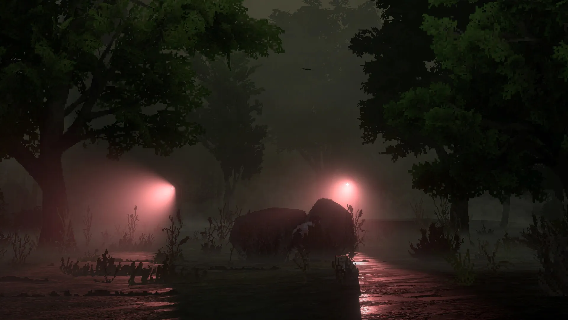 Goodbye Seoul: Dimly lit forest path with mist and glowing pink lights in a mysterious, eerie environment.
