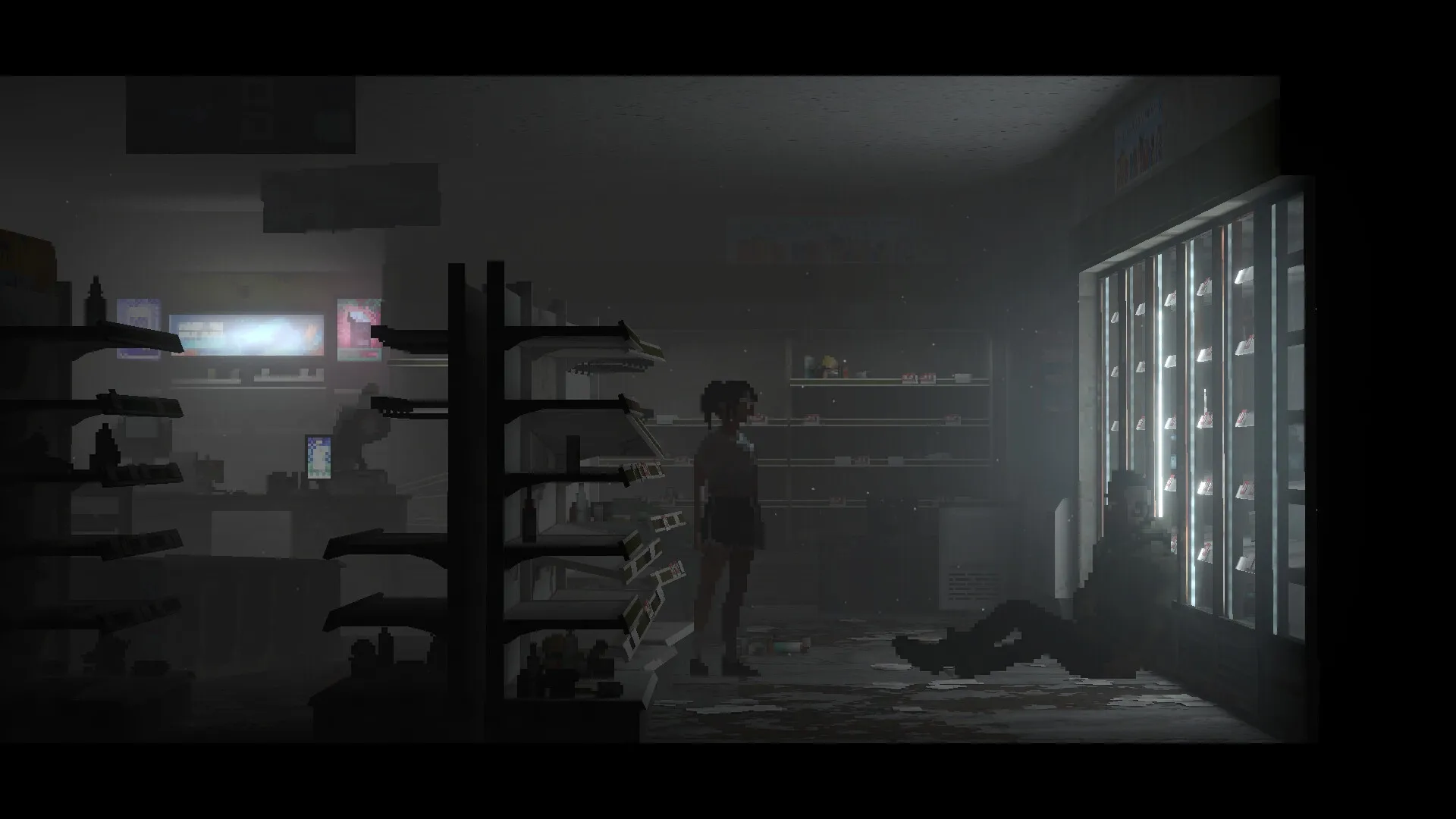 Goodbye Seoul: Rion stands in a dimly lit, abandoned store with another figure near refrigerated shelves.