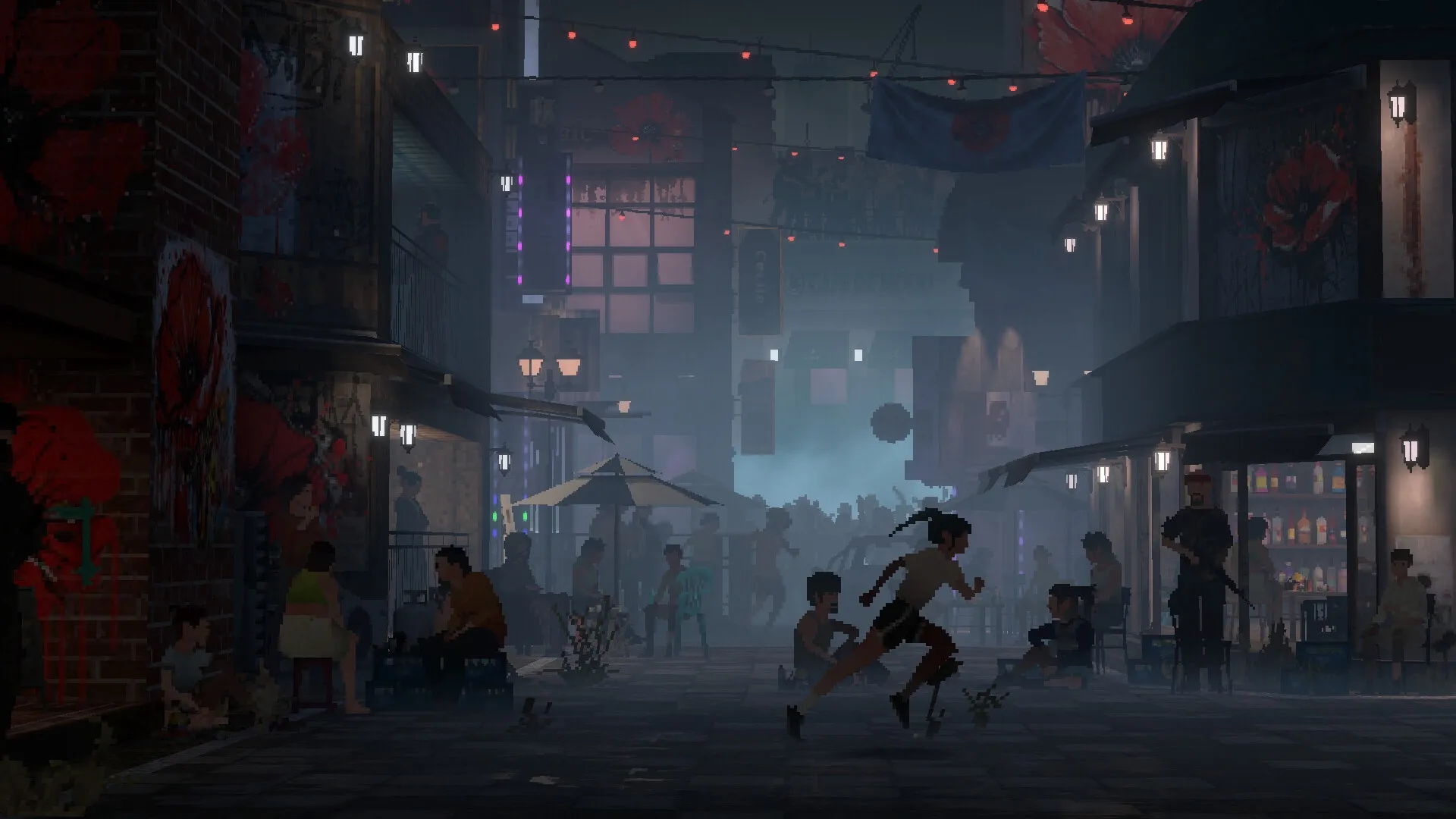 Goodbye Seoul: Rion runs through a bustling, dimly-lit street in a densely populated city area