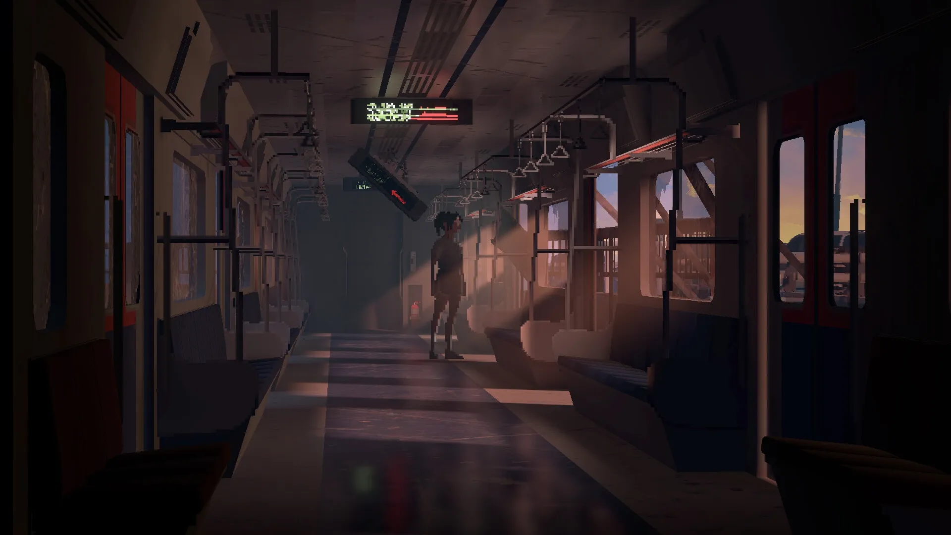 Goodbye Seoul: Rion stands in an empty subway car bathed in sunset light through broken windows