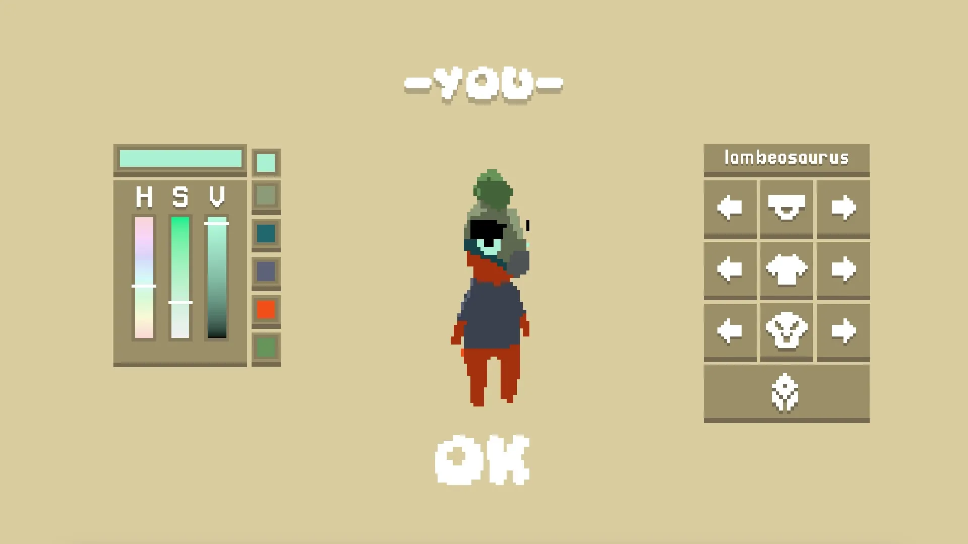 Goodlands: Character customization with hue sliders and outfit choices in a simple interface