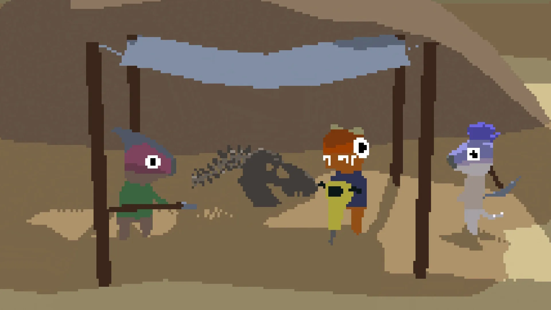 Goodlands: Three characters digging under a canopy in a desert, unearthing dinosaur fossils.