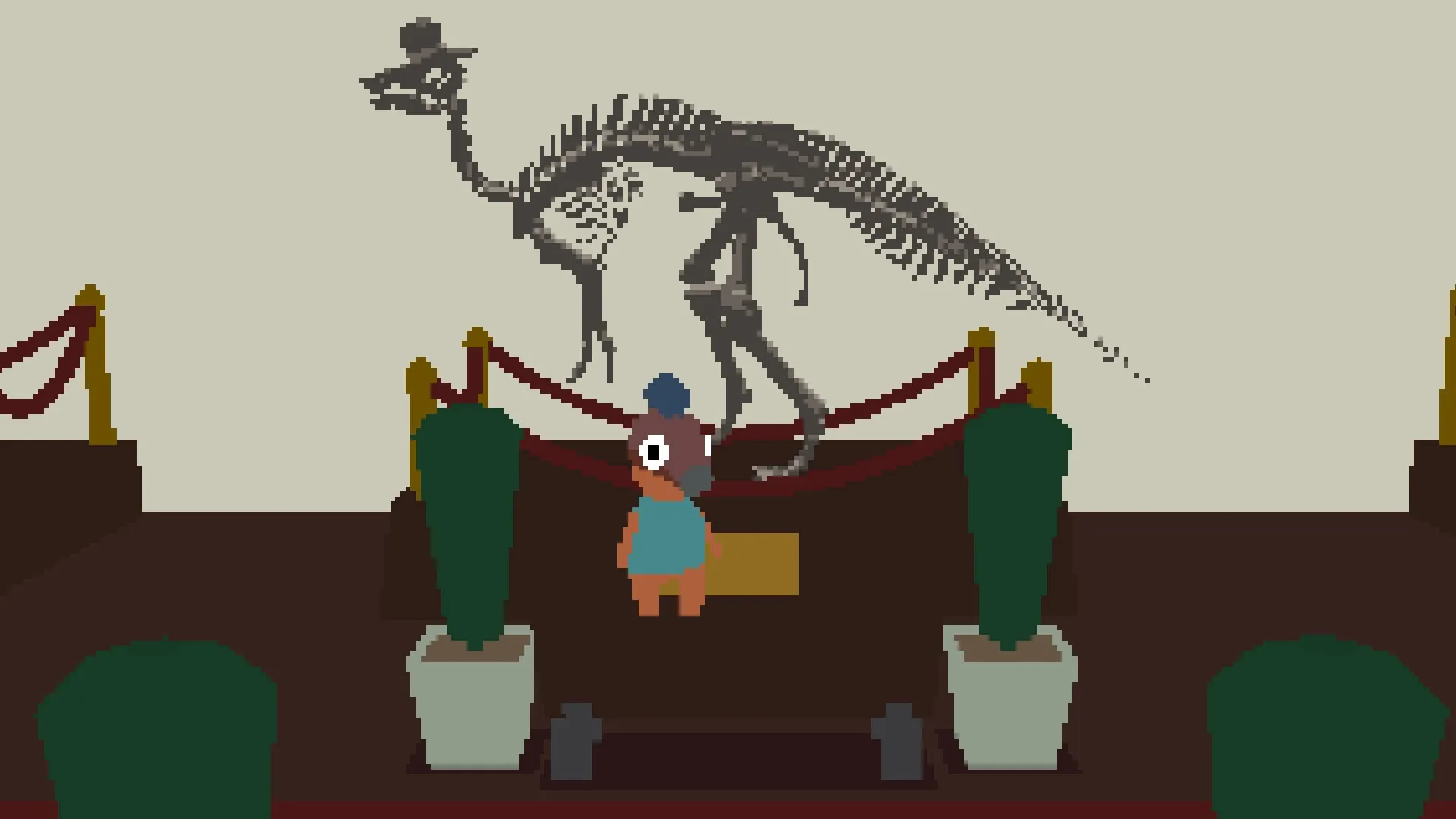 Goodlands: Character observes dinosaur skeleton exhibit in a museum setting with roped-off display