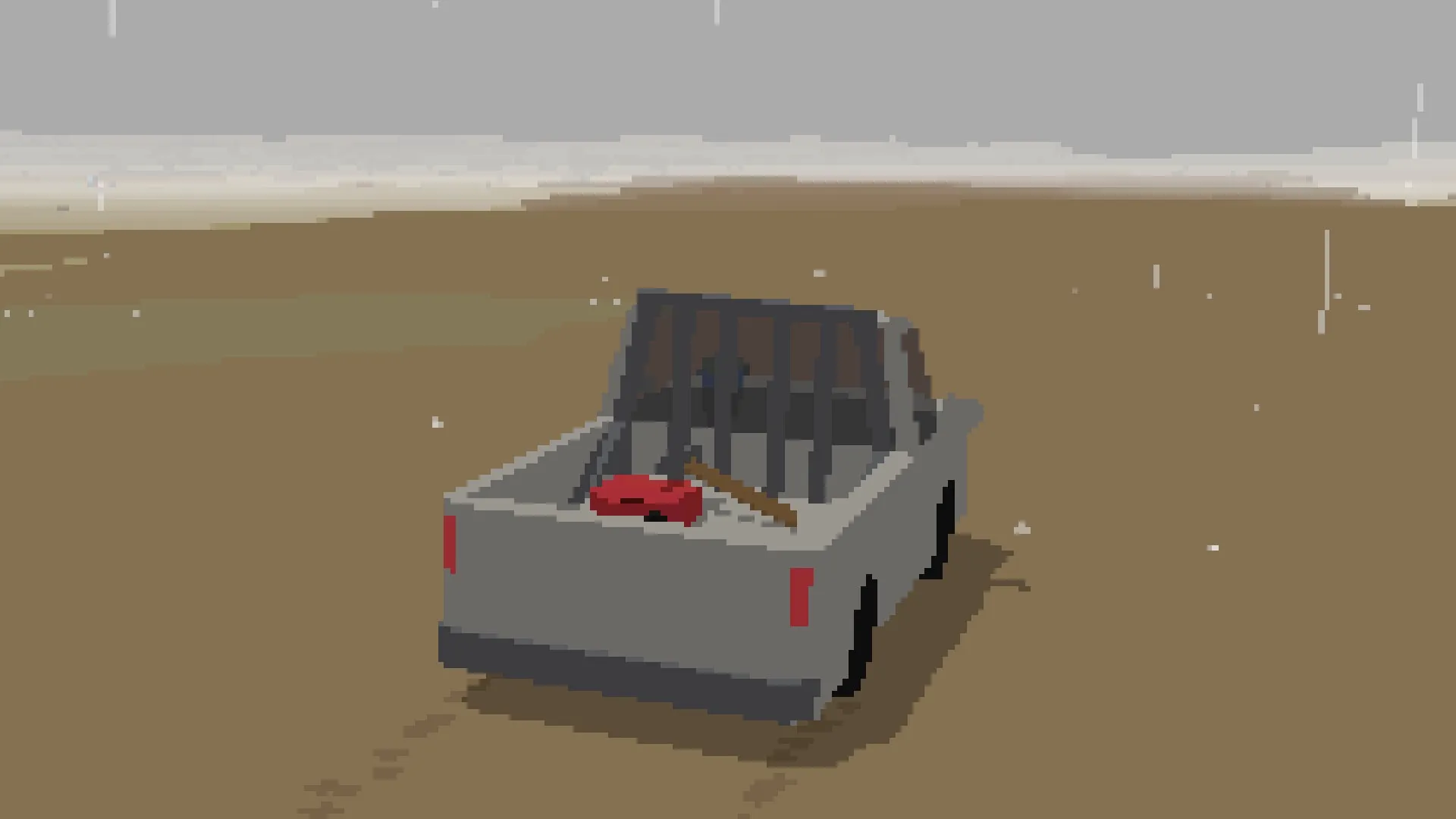 Goodlands: Driving a truck across a barren landscape with tools in the back under a grey sky.